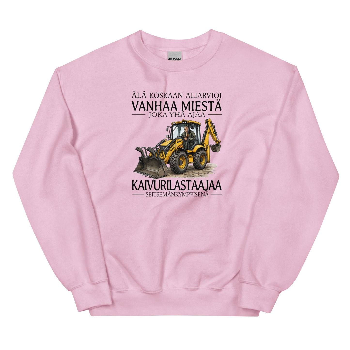 Vaaleanpunainen collegepaita, jossa kuva kaivurista ja teksti Hauska collegepaita