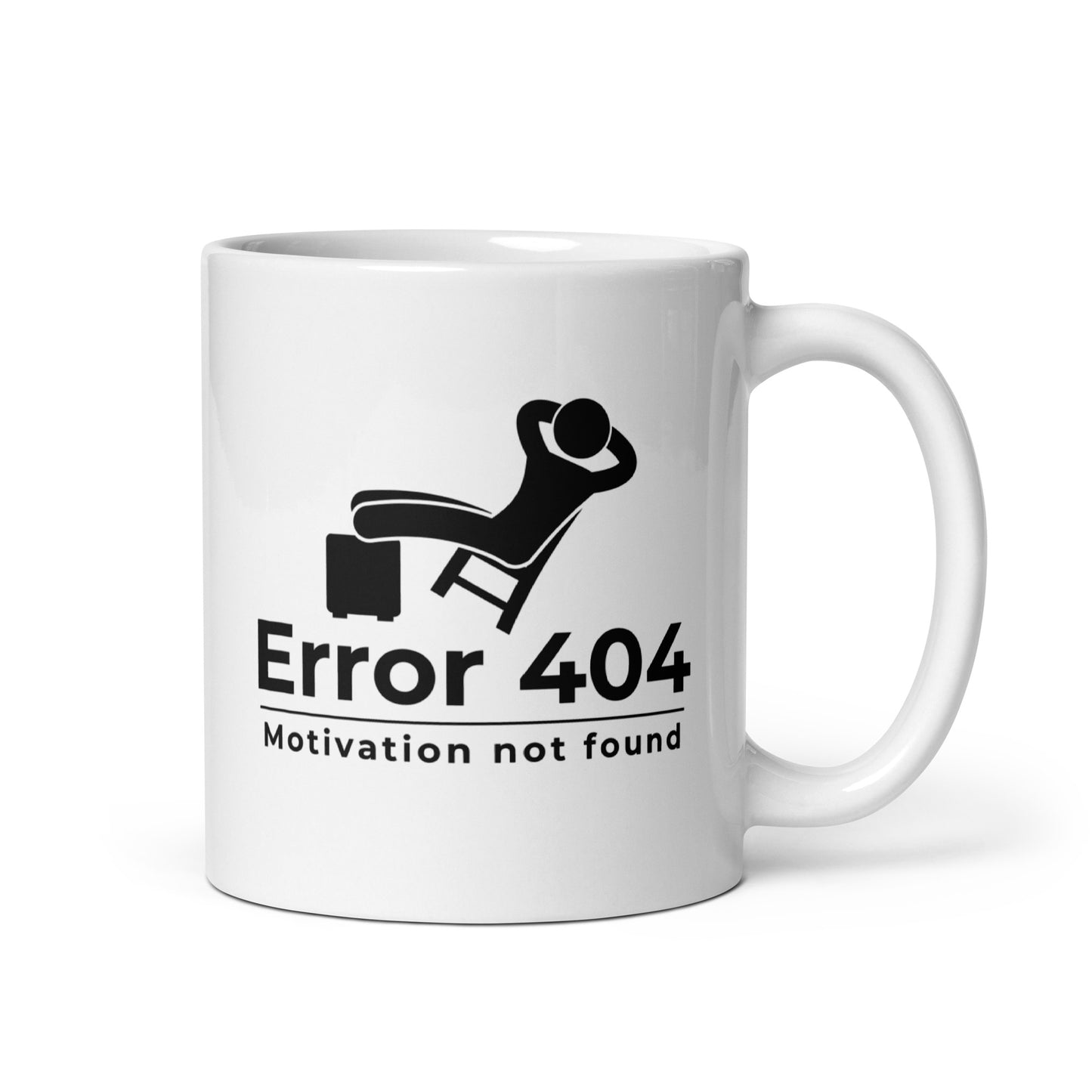 Hauska error 404 muki, jossa on kuva henkilöstä, joka lepää ja teksti 'Motivation not found'