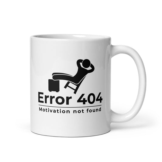 Hauska error 404 muki, jossa on kuva henkilöstä, joka lepää ja teksti 'Motivation not found'