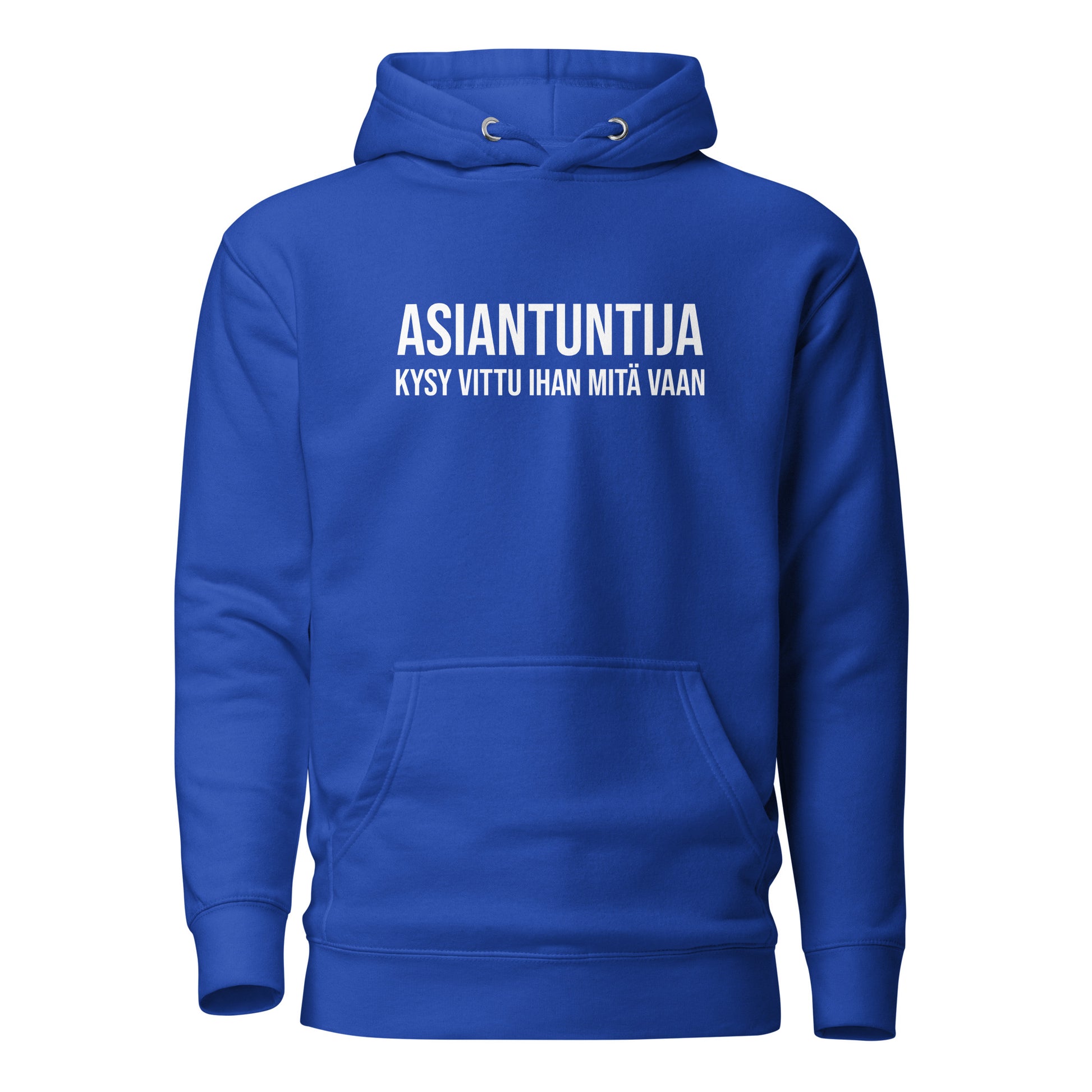 Meemirotta hauska huppari aikuisille sinisessä värissä, jossa valkoinen painatus 'ASIANTUNTIJA'.