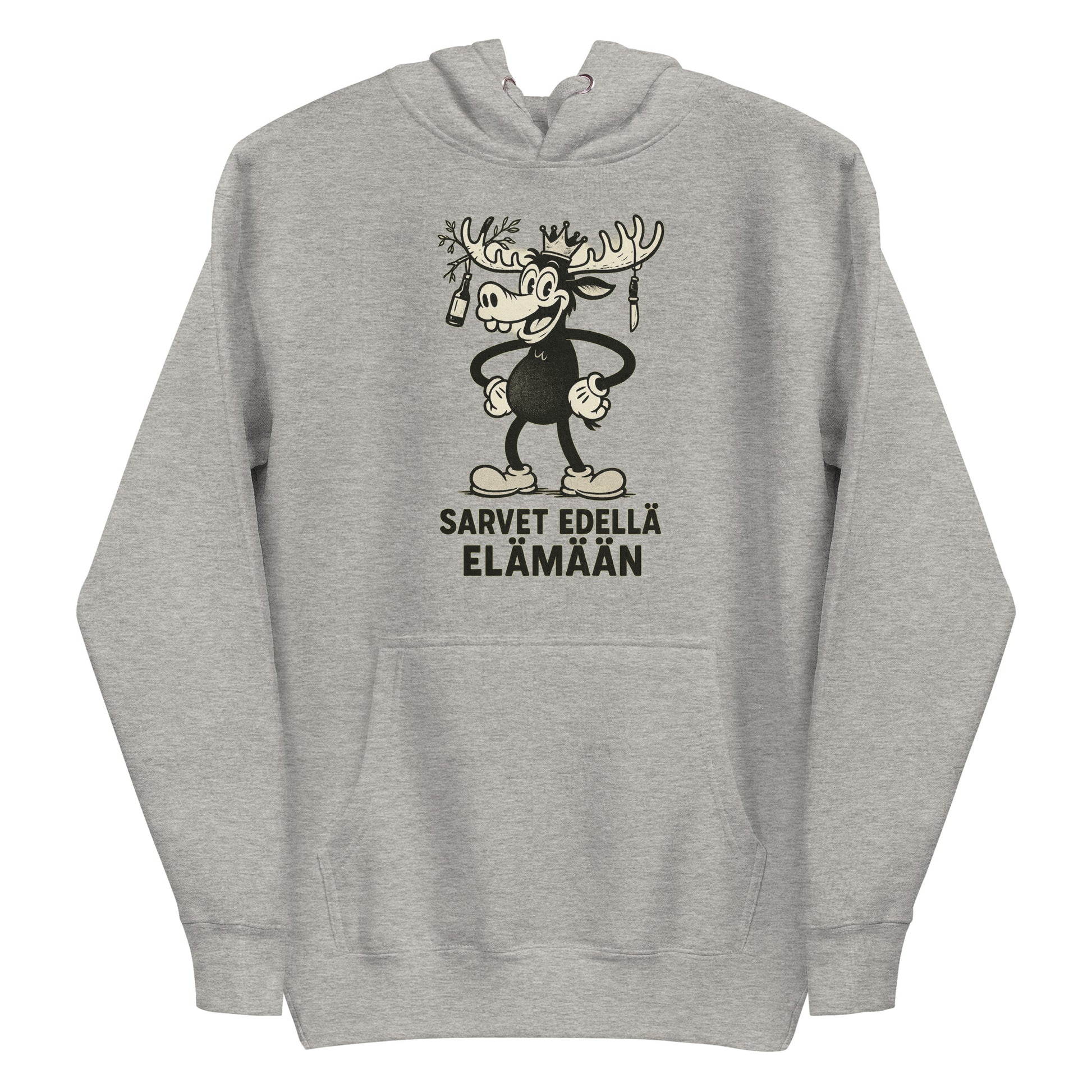 Harmaa hauska huppari, jossa on ainutlaatuinen porokuva ja teksti Sarvet edellä elämään.