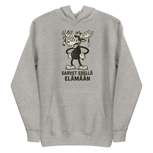 Harmaa hauska huppari, jossa on ainutlaatuinen porokuva ja teksti Sarvet edellä elämään.