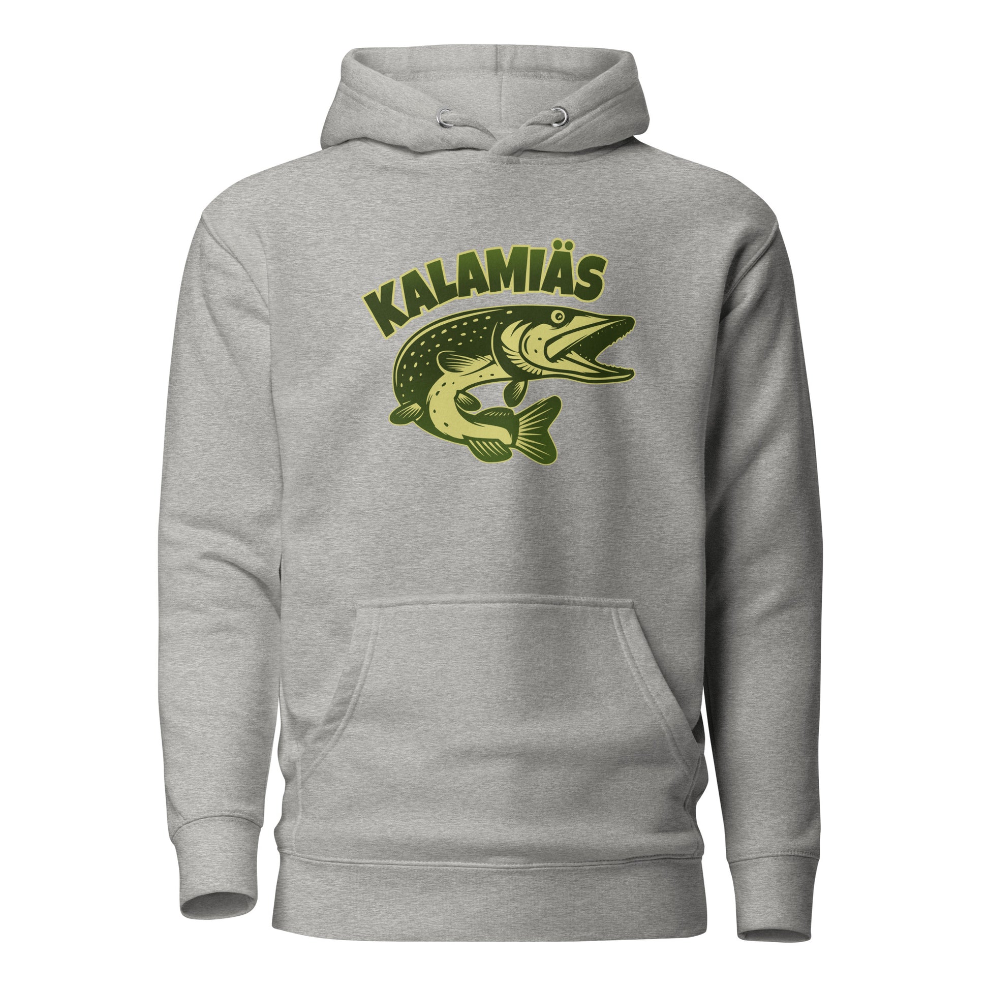 Hauska huppari, harmaa, jossa kalamiäs -painatus kalastajille ja luonnon ystäville