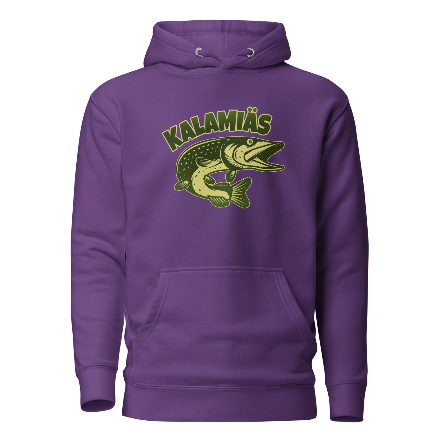 Hauska huppari purppurassa värissä, jossa on karhu ja teksti KALAMIÄS.
