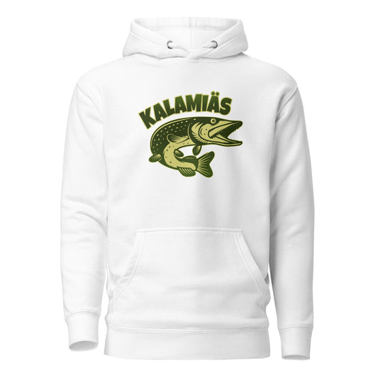 Hauska huppari KALAMIÄS kuvalla, valkoinen malli kalastajille ja kalastuksesta pitäville.