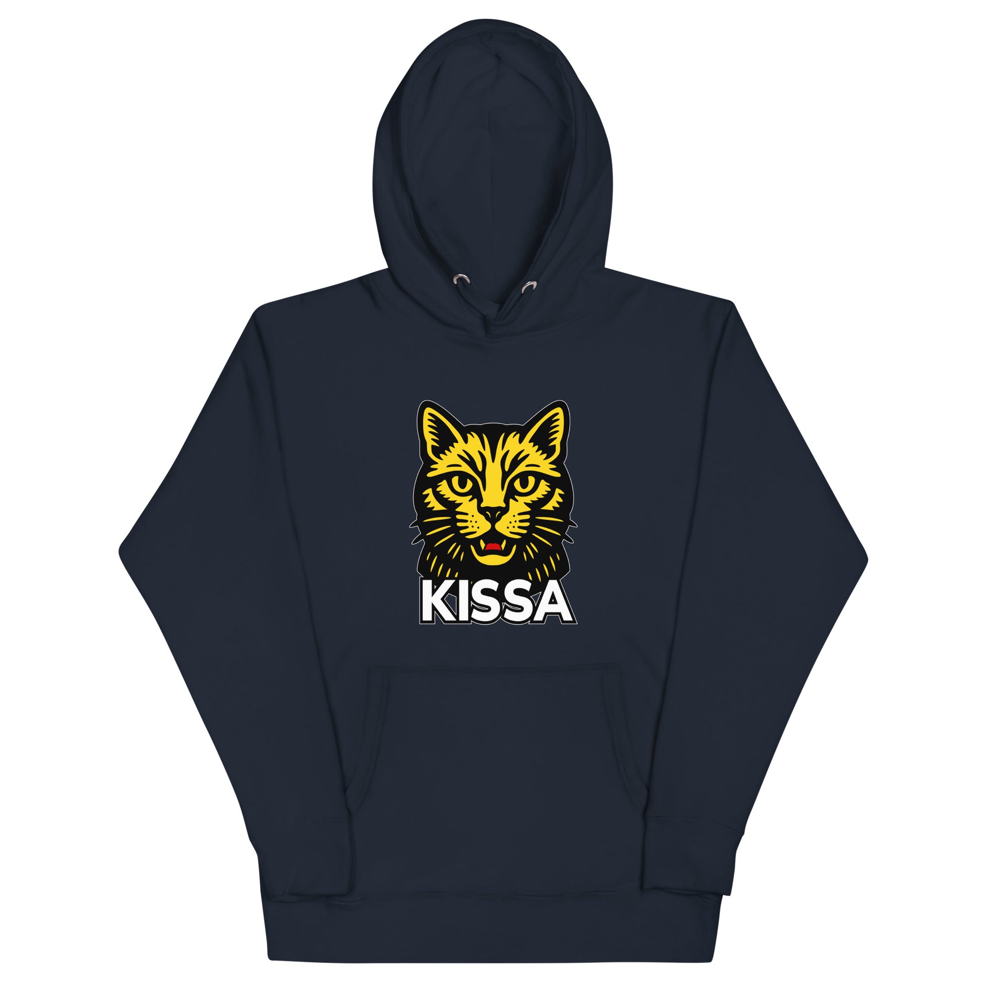 Meemirotta hauska huppari kissateemalla, jossa keltainen kissa ja teksti KISSA