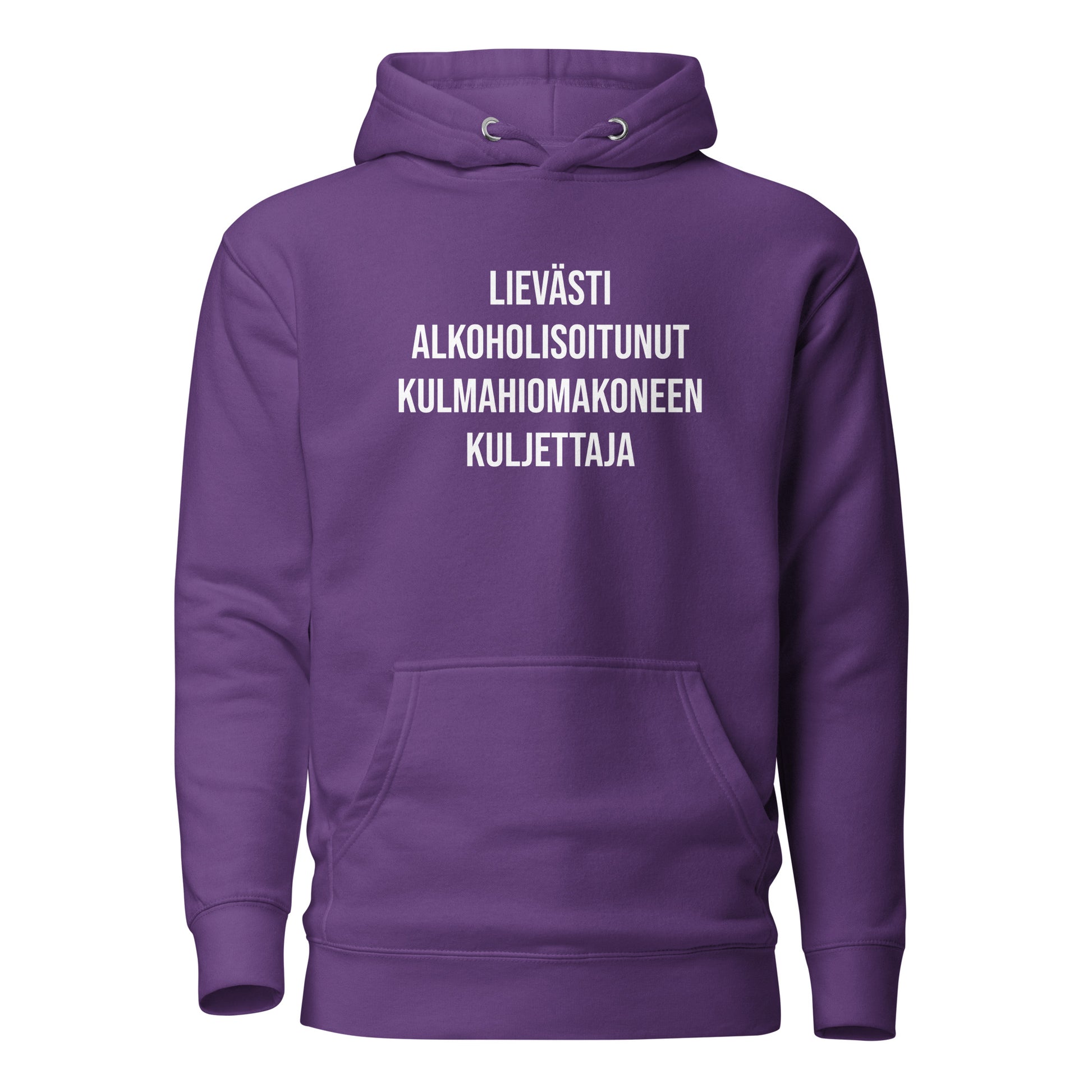 Violetin värinen hauska huppari miehille, jossa on teksti 'Lievästi alkoholisoitunut kulmahion makineen kuljettaja' 