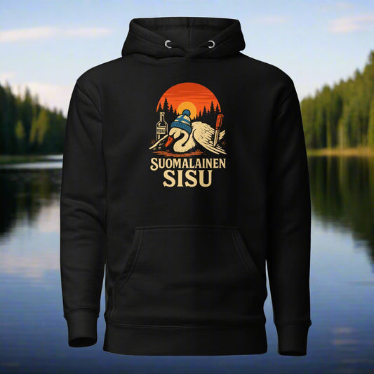Hauska huppari musta, jossa suomalaisen sisu -teema ja ympyräkuviointi rannalla