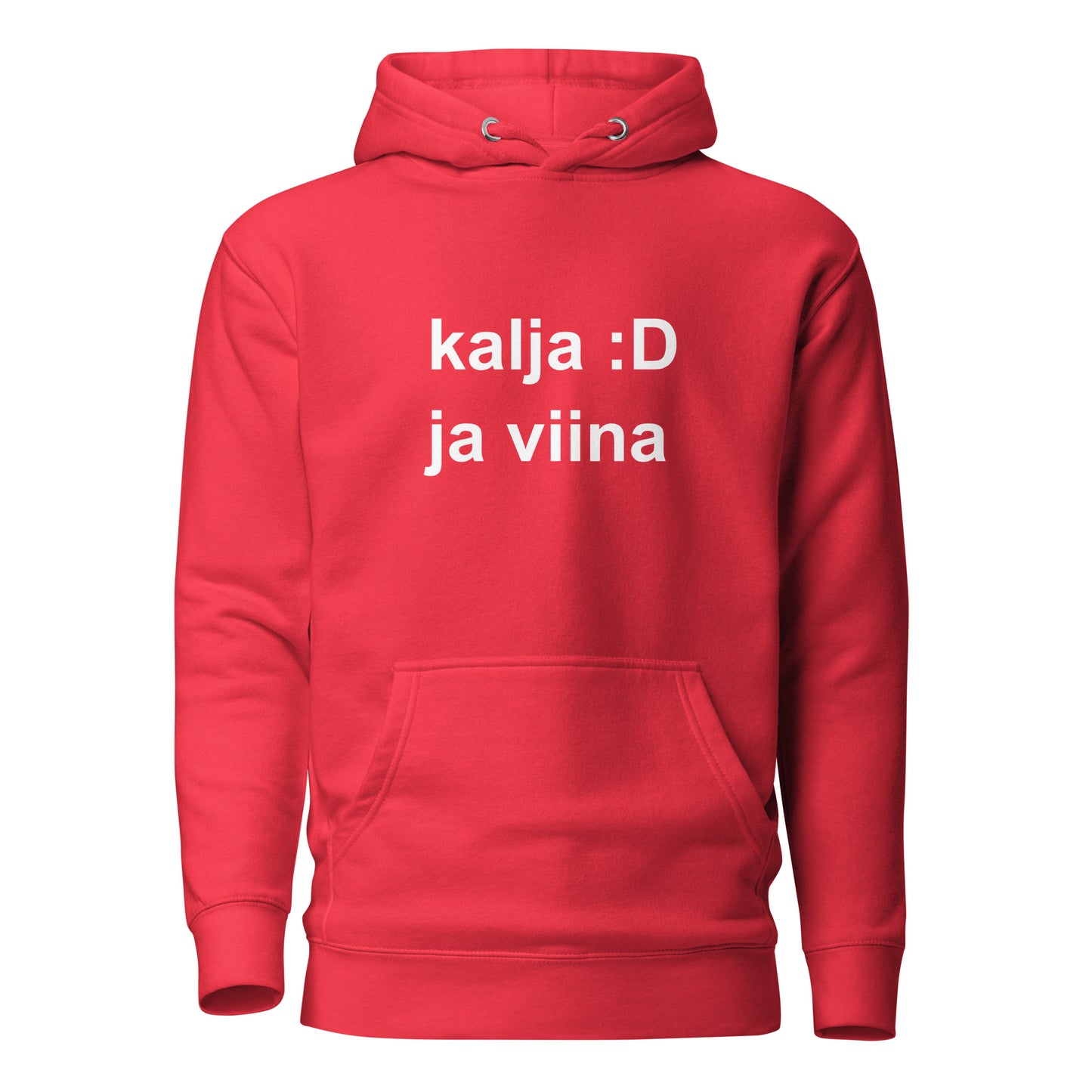 Punainen hauska huppari, jossa teksti kalja :D ja viina, täydellinen rentoon käyttöön