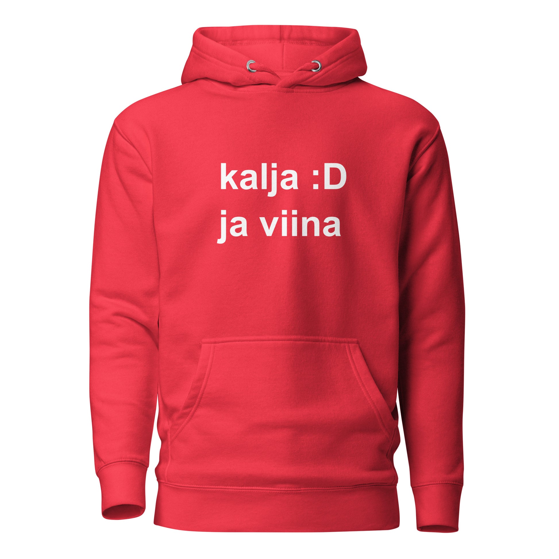 Punainen hauska huppari, jossa teksti kalja :D ja viina, täydellinen rentoon käyttöön
