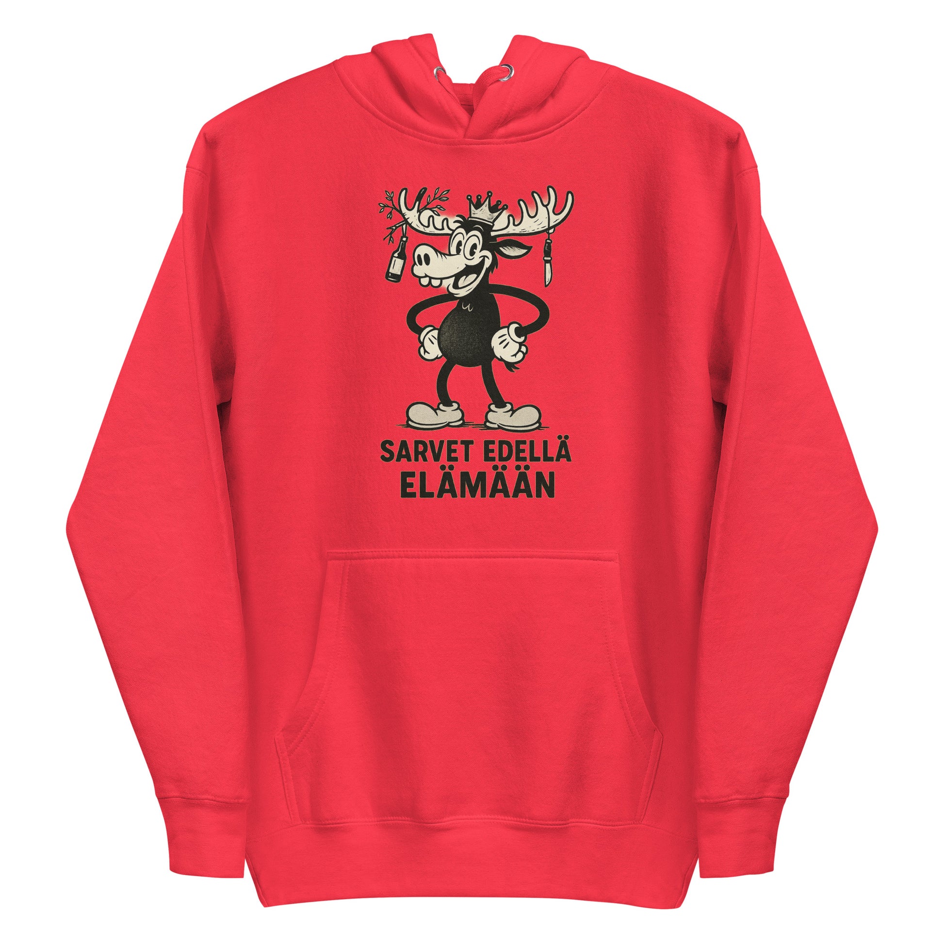 Punainen hauska huppari, jossa sarvikuonohahmo ja teksti 'Sarvet edellä elämään'