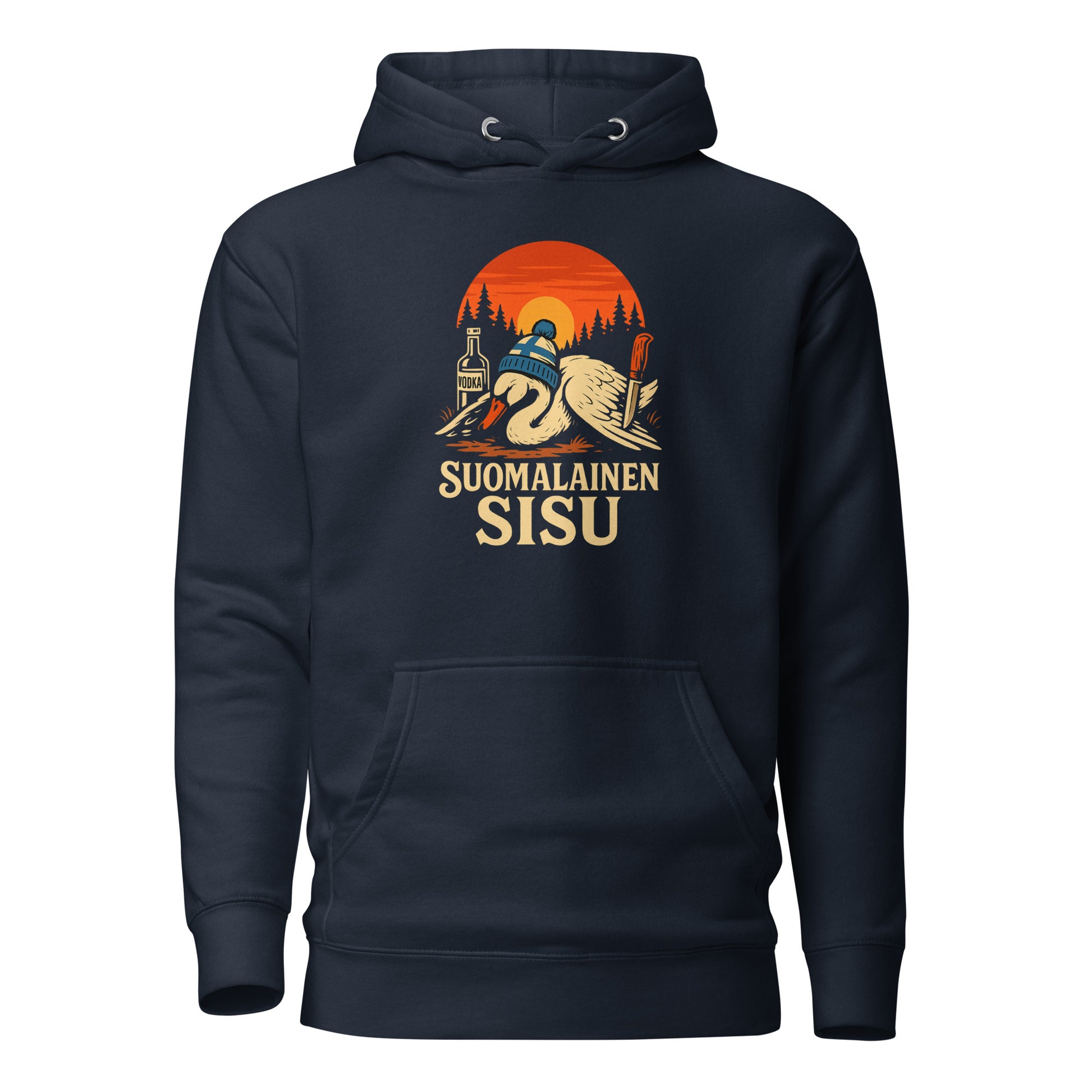 Tumma huppari, jossa on Suomalainen Sisu -kuvio ja hauska huppari tyyli.