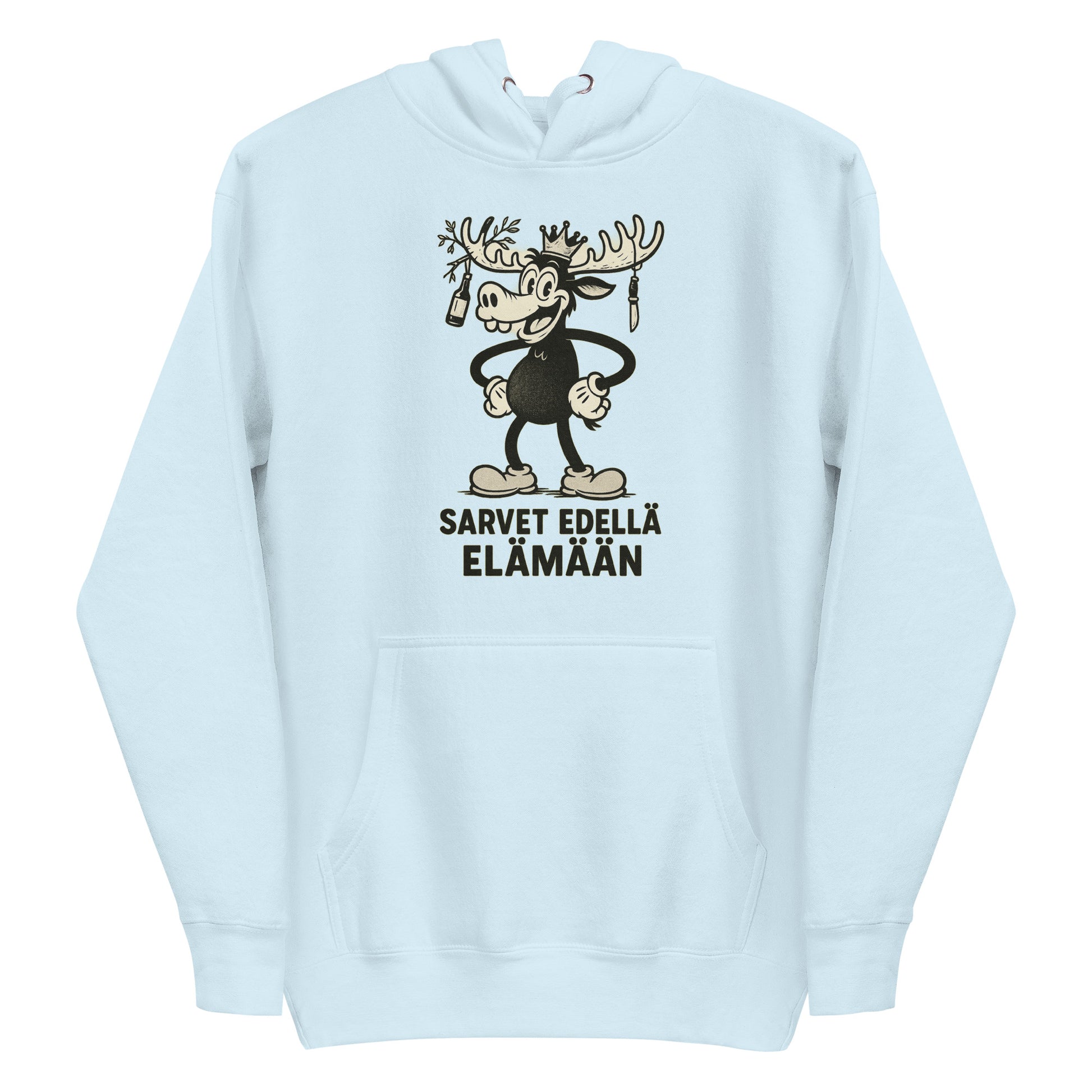 Vaaleansininen hauska huppari, jossa sarvikkaat eläinaiheiset printit edessä