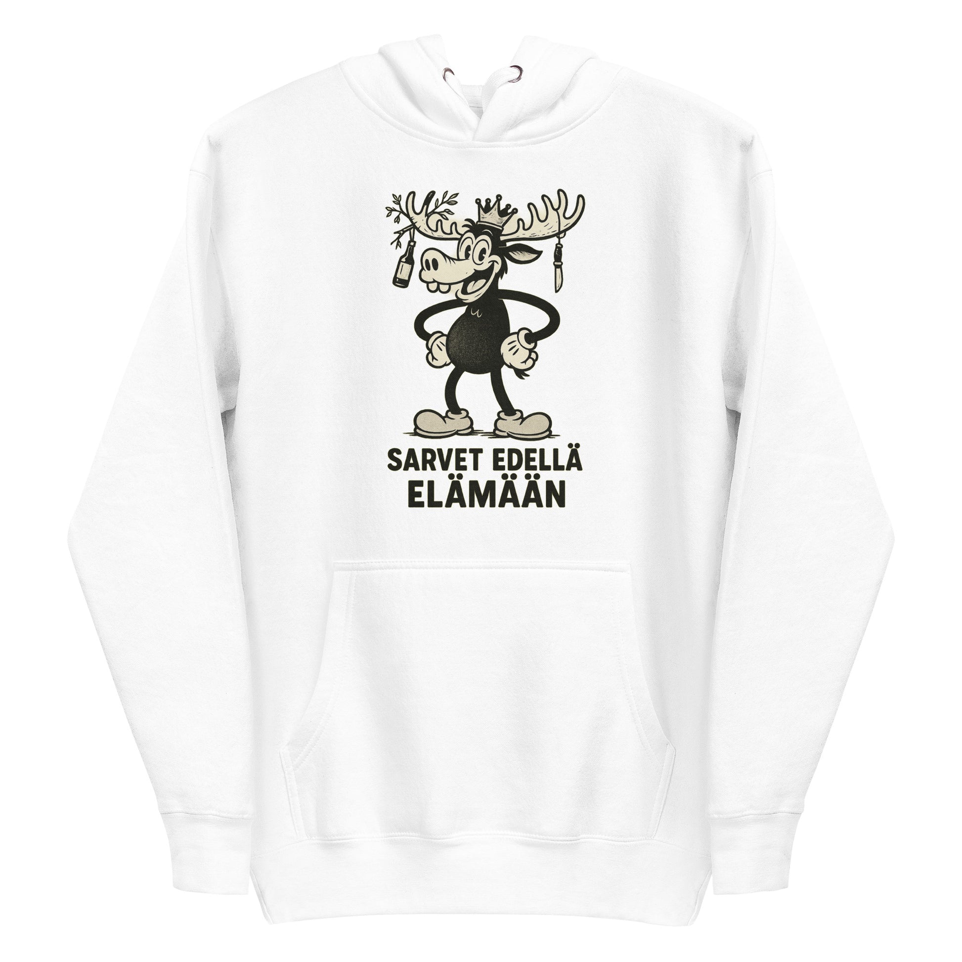 Valkoinen hauska huppari, jossa sarvia kantava eläinhahmo ja teksti 'Sarvet edellä elämään'