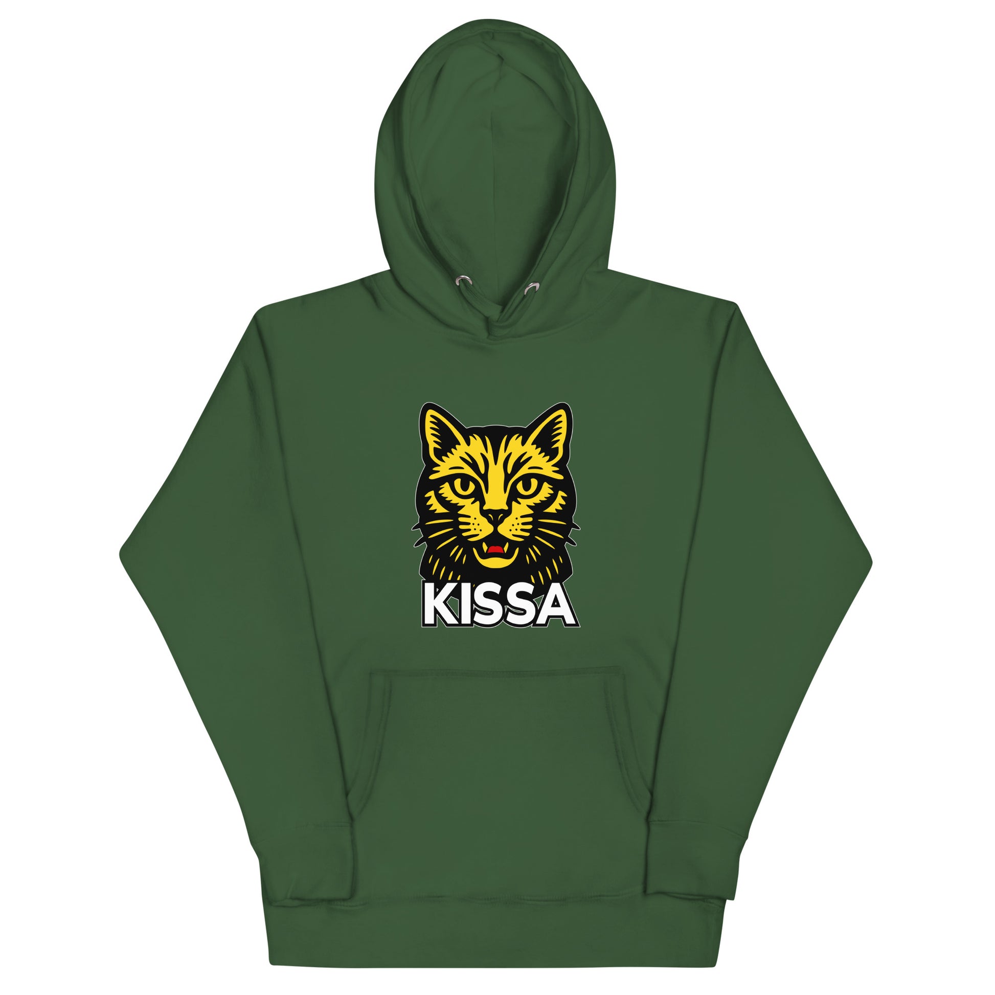Vihreä hauska huppari, jossa on kissa-logokuvio etupuolella