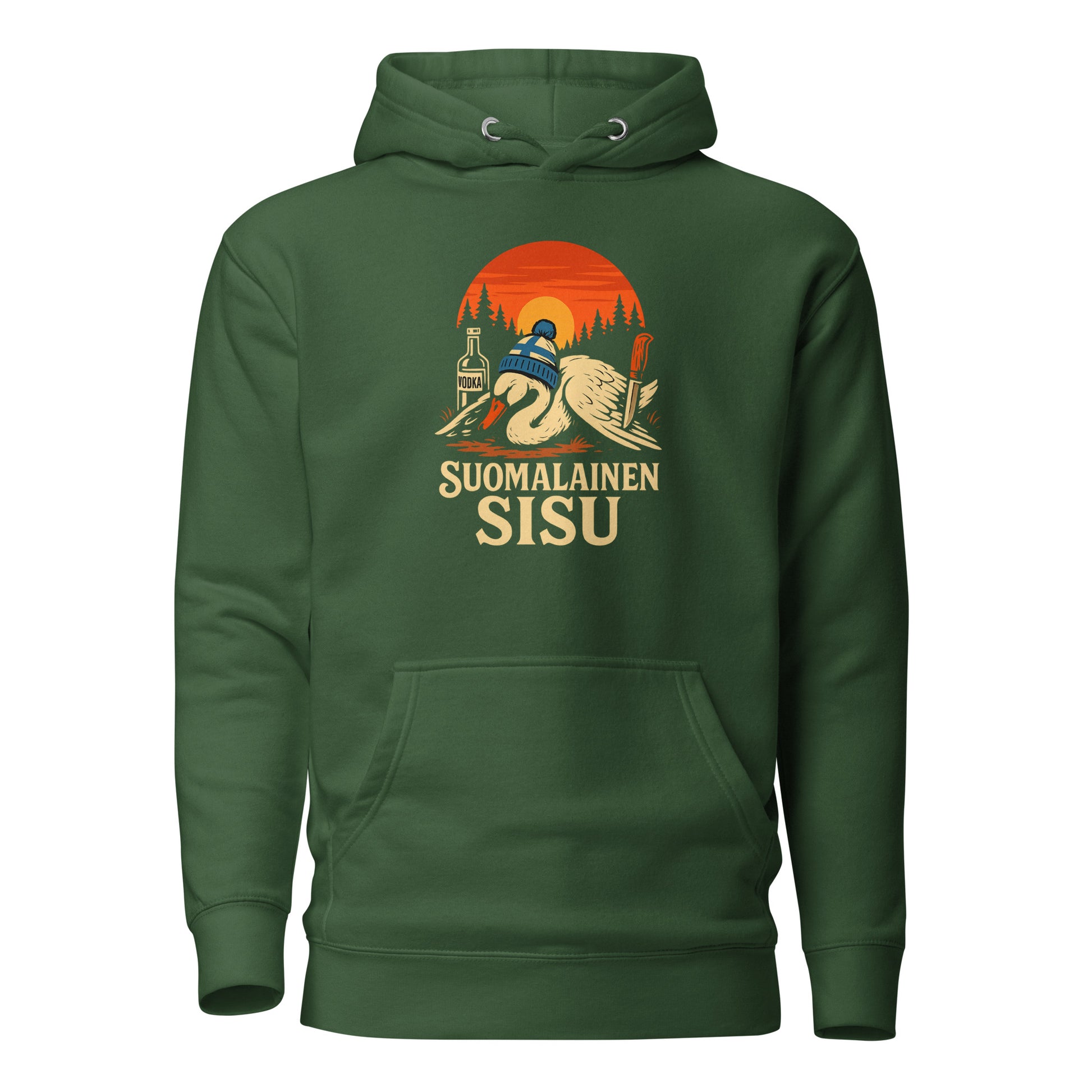 Meemirotta hauska huppari tummanvihreällä värillä ja Suomalainen Sisu -painatuksella