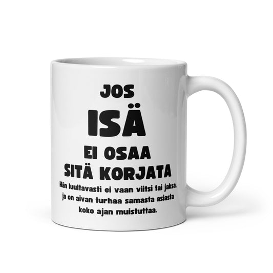 Hauska isänpäivä muki valkoisella taustalla, jossa tekstiä isästä ja huumorista