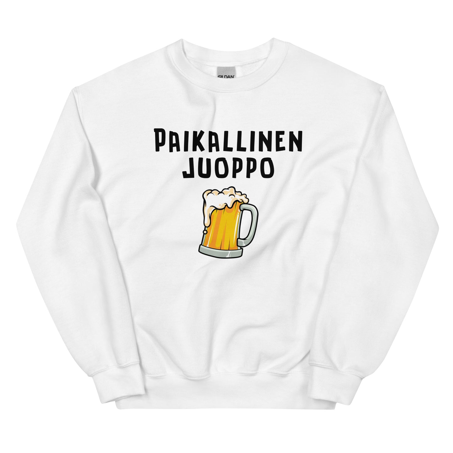 Hauska juoppo collegepaita valkoisella pohjalla, jossa olutkuppi ja teksti Paikallinen juoppo