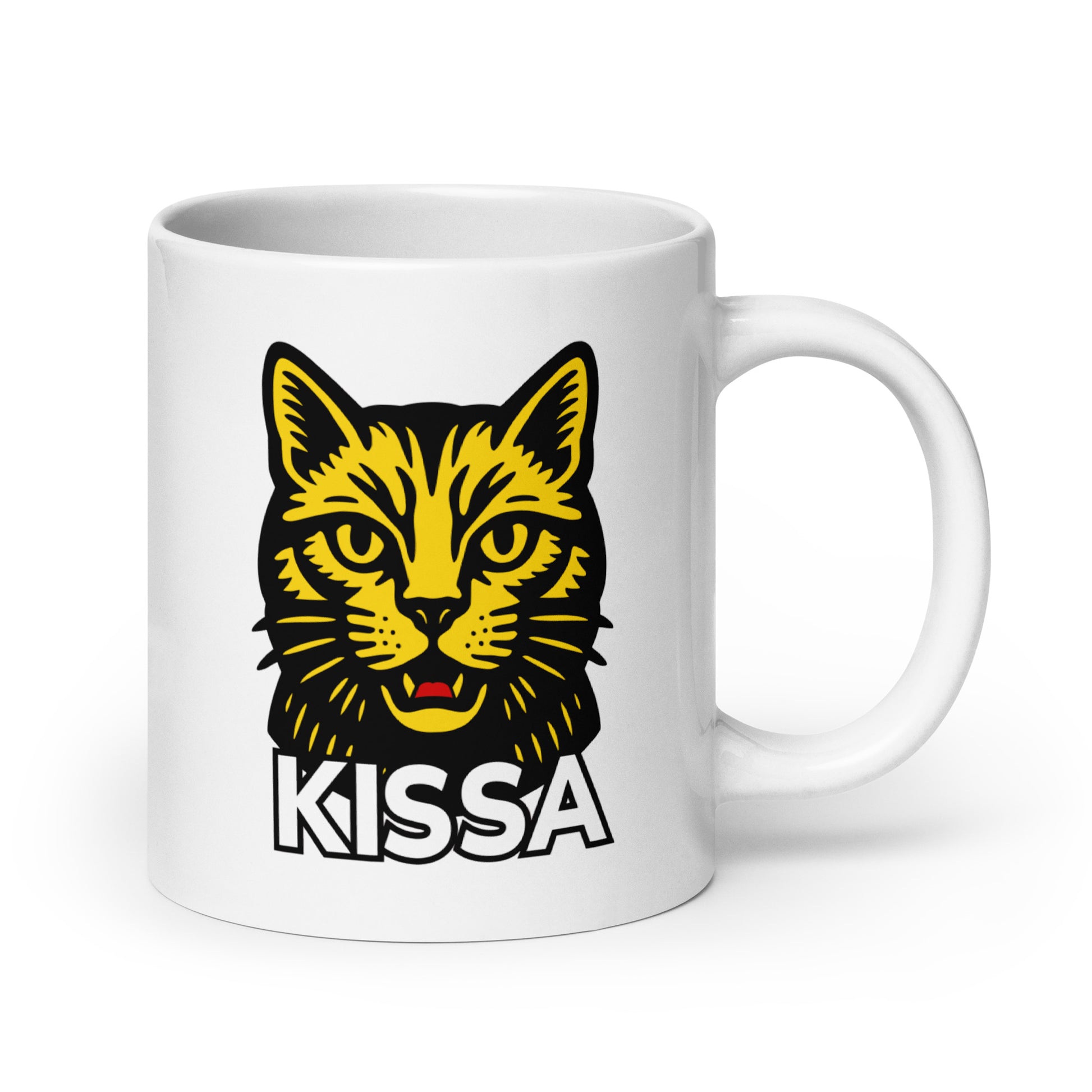 Hauska kahvikuppi, jossa on kissa-aiheinen design värikkäällä printillä
