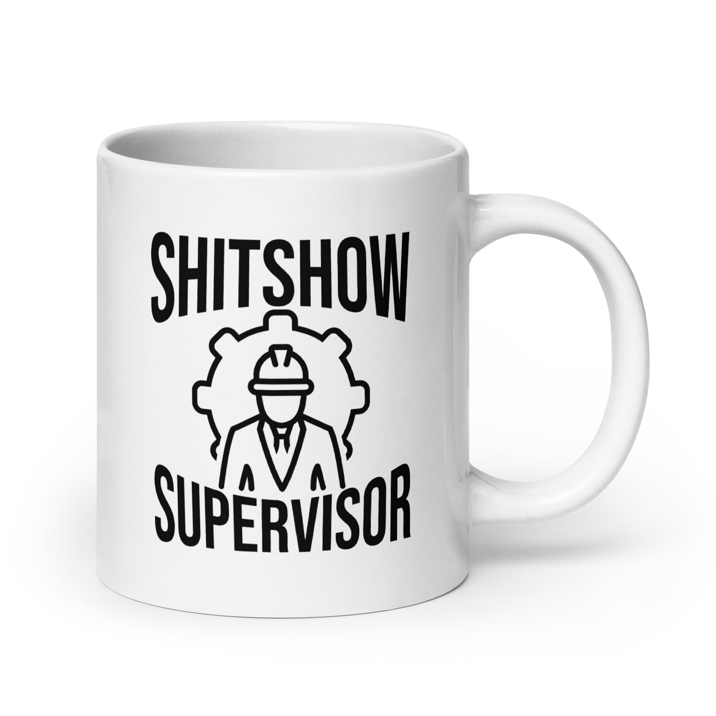 Hauska kahvikuppi, jossa on teksti 'SHITSHOW SUPERVISOR' ja graafinen kuvasto