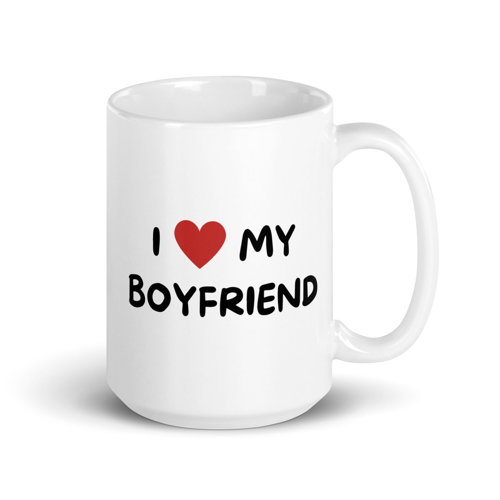 Hauska kahvikuppi lahjaksi, valkoinen muki, jossa teksti I love my boyfriend.