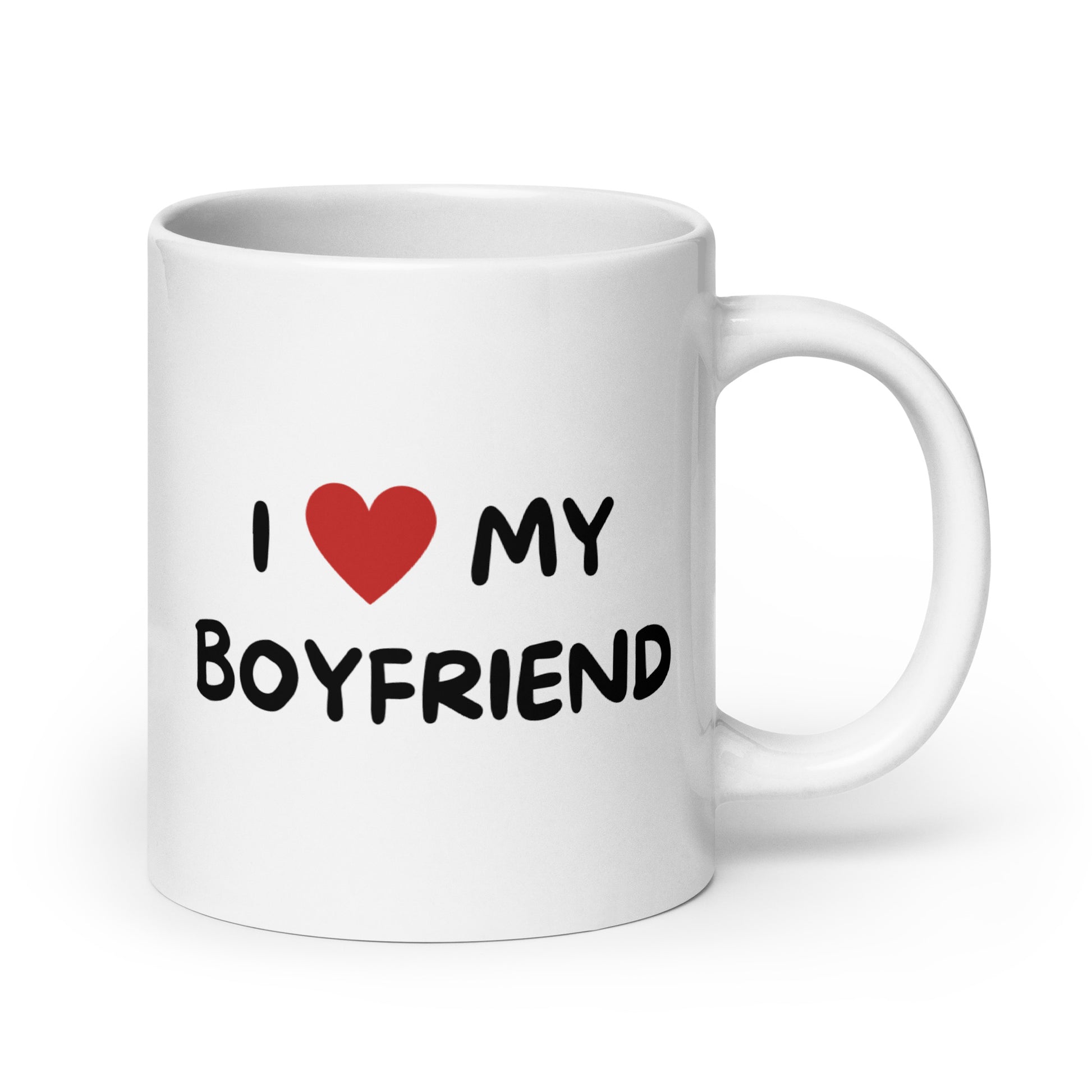 Hauska kahvikuppi lahjaksi, jossa teksti I love my boyfriend mustalla kirjasimella valkoisella taustalla