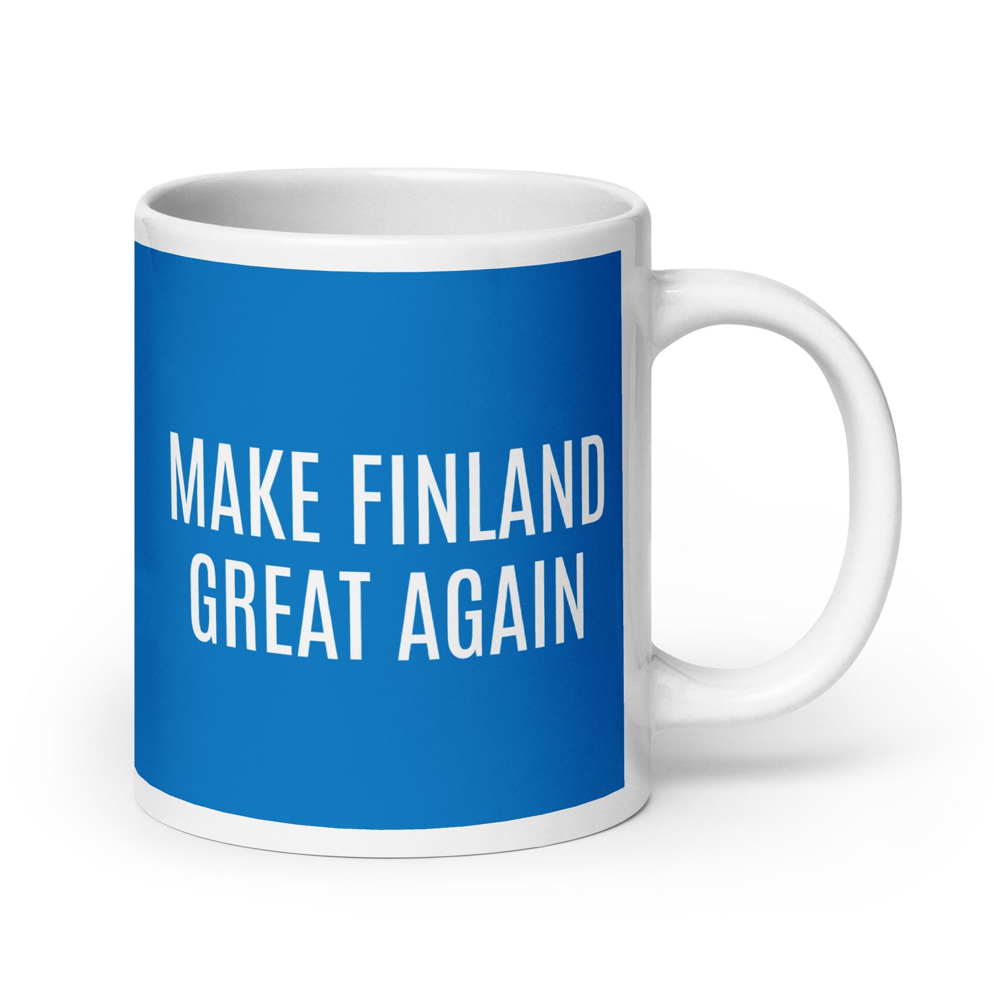 Hauska kahvikuppi sinisellä taustalla, jossa teksti Make Finland Great Again