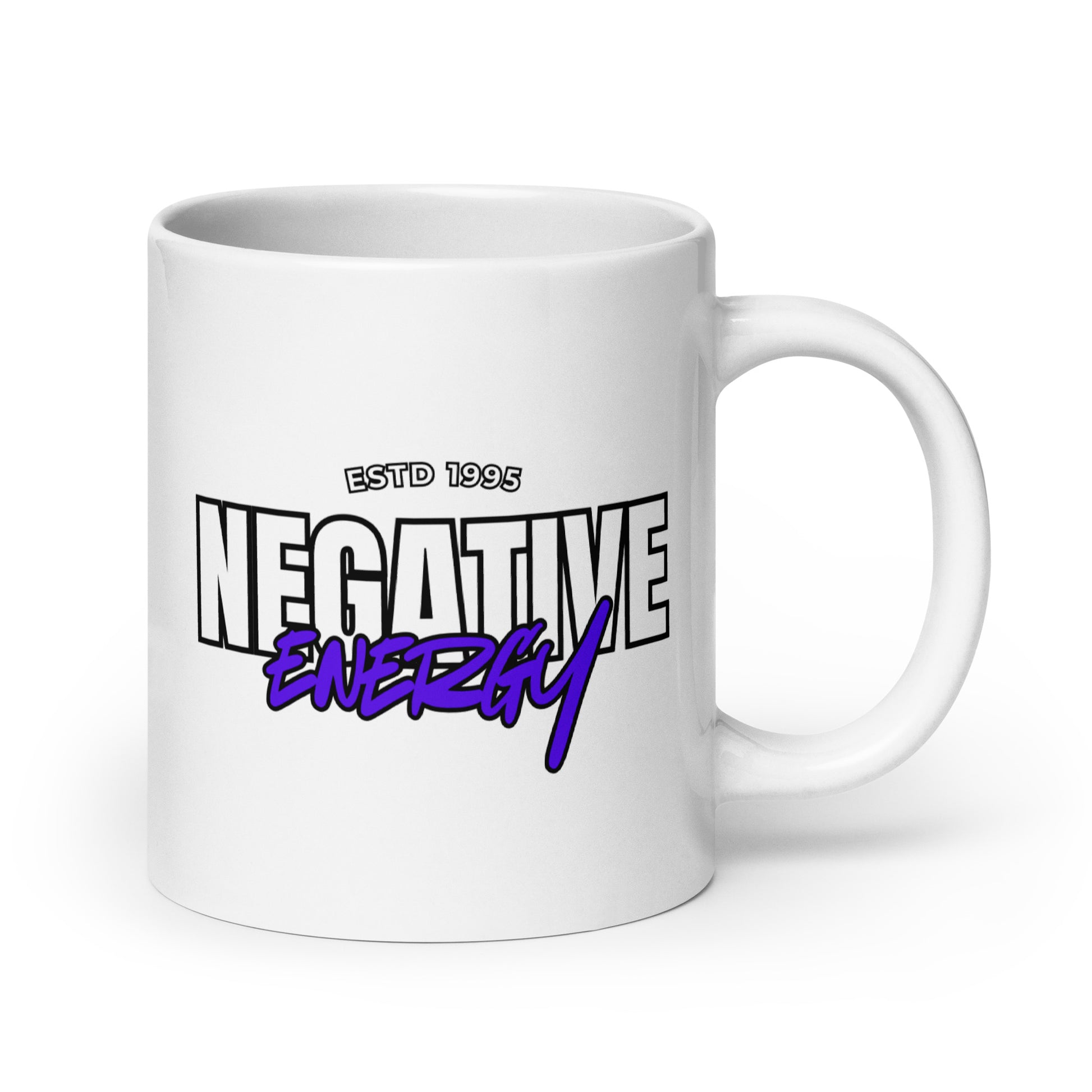 Hauska kahvikuppi, jossa on NEGATIVE ENERGY -teksti ja moderni design