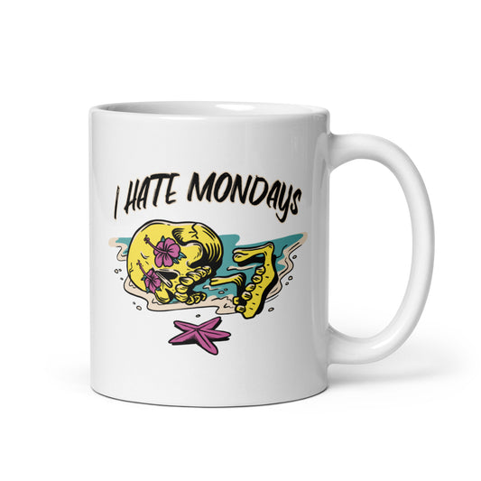 Hauska kahvikuppi, jossa on kuoleman aiheuttama grafiikka ja teksti 'I HATE MONDAYS'