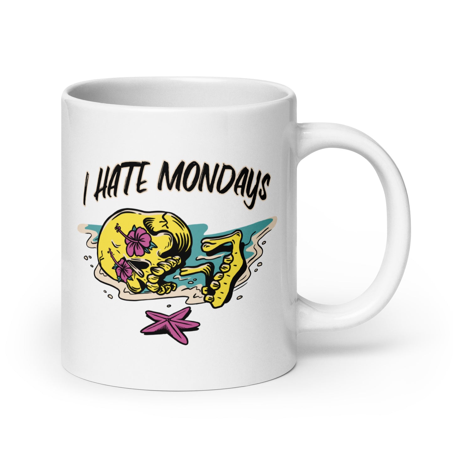 Hauska kahvikuppi, jossa on piirros skullista ja teksti I HATE MONDAYS, täydellinen aamun piristykseen