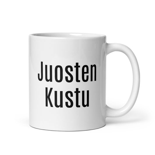 Hauska kahvikuppi työpaikalle, jossa on teksti Juosten Kustu, täydellinen työympäristöön