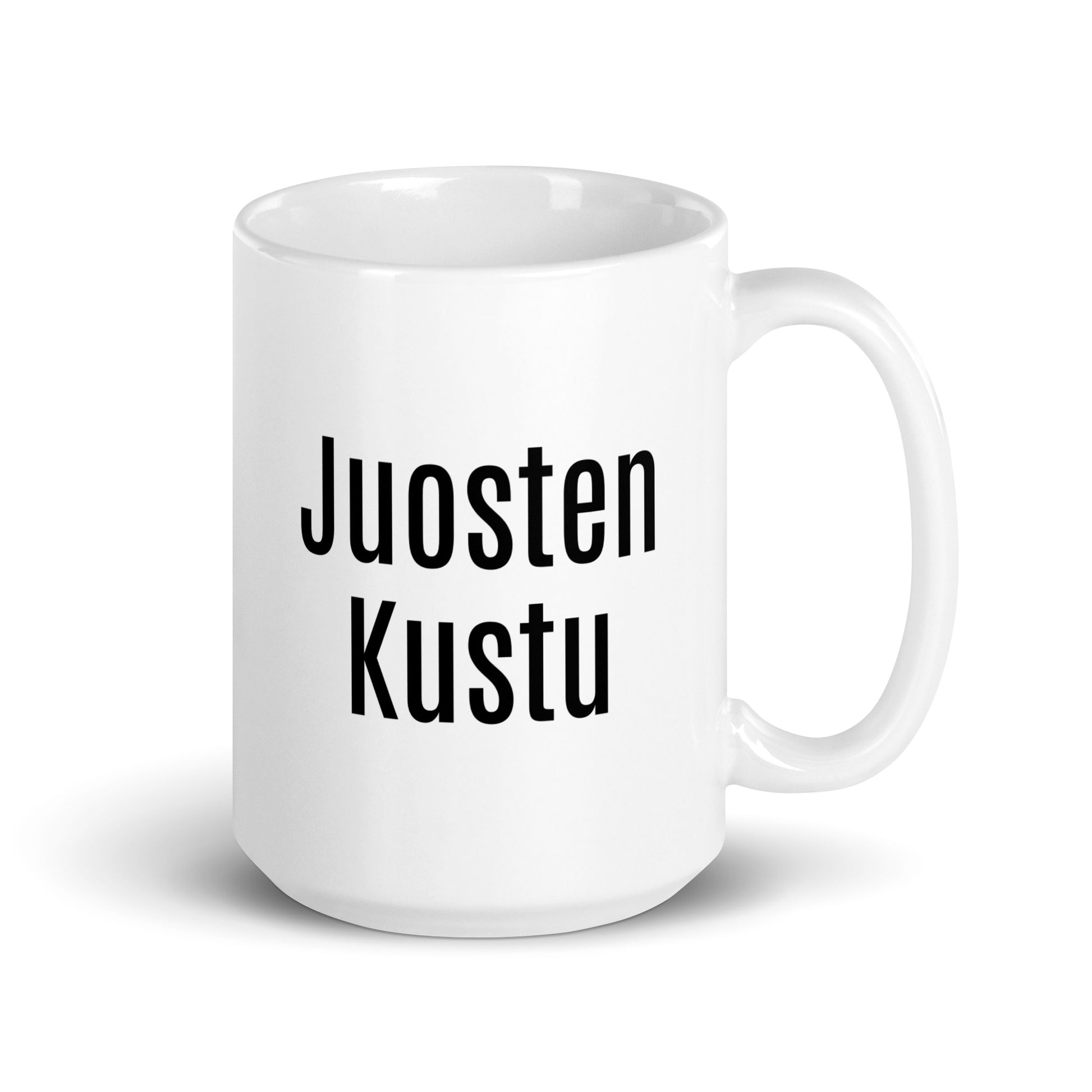 Hauska kahvikuppi työpaikalle valkoisella pohjalla, jossa on teksti Juosten Kustu
