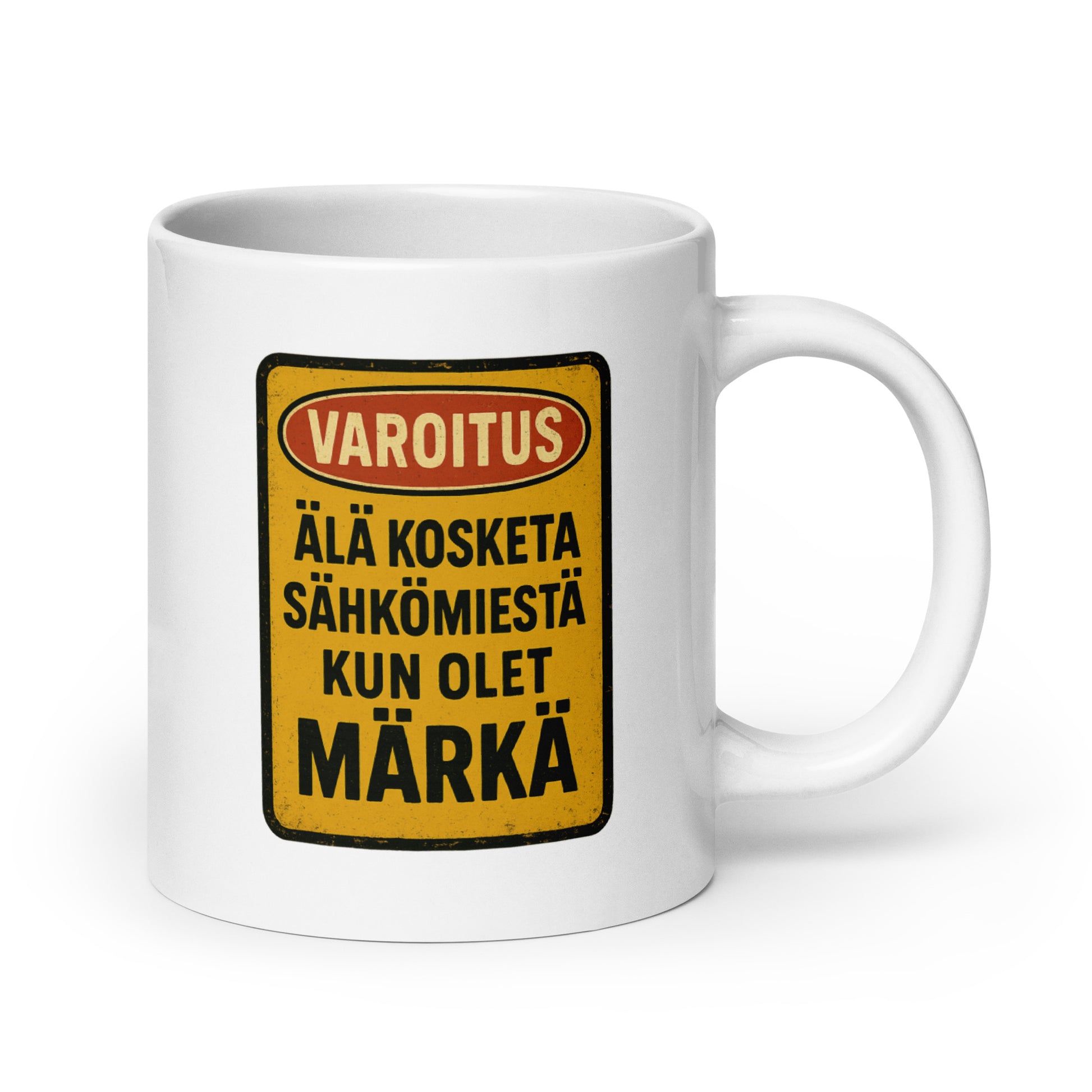 Hauska kahvikuppi, jossa varoituslappu tekstillä älä kosketa sähkömiestä kun olet märkä