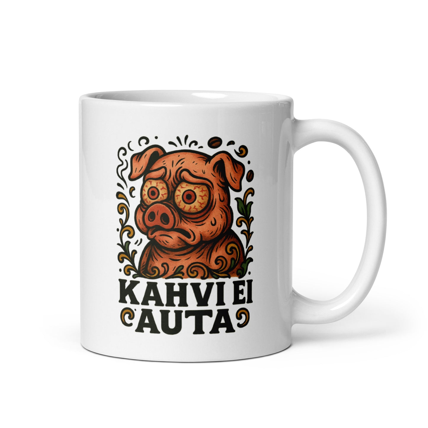 Hauska kahvimuki, jossa on koiran kuva ja teksti Kahvi ei auta, Meemirotta
