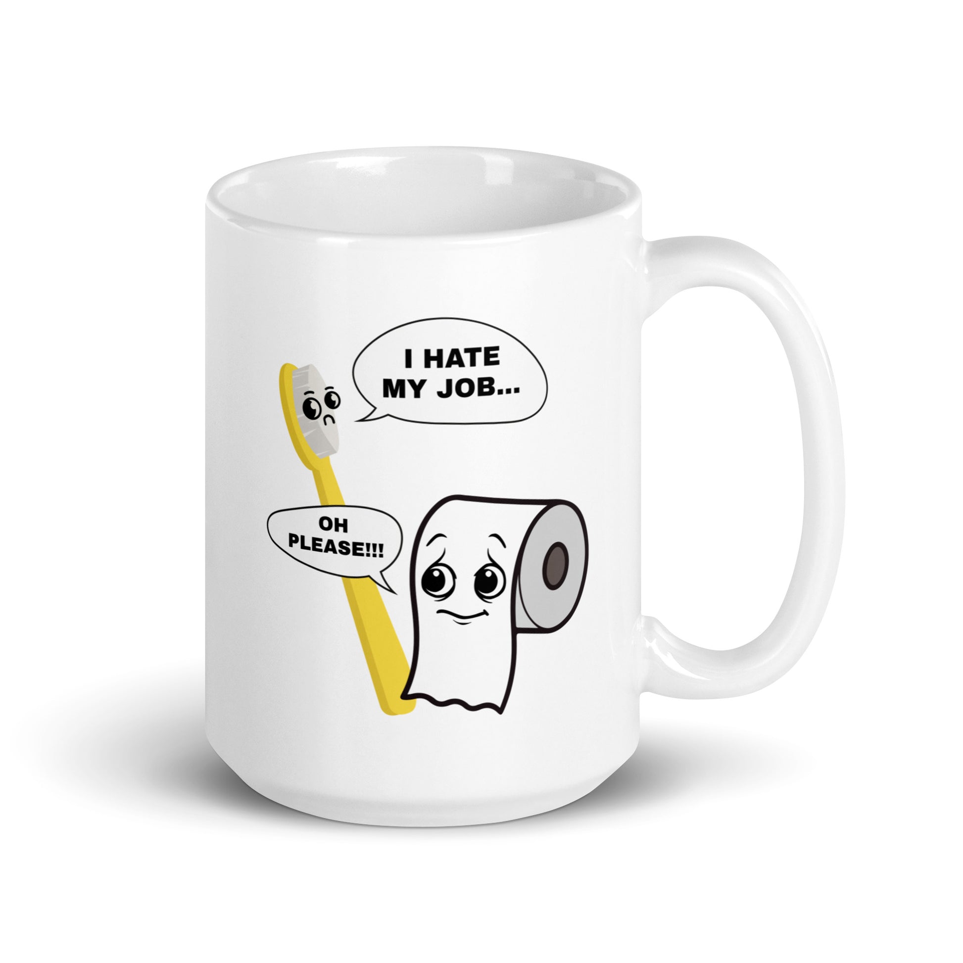 Hauska kahvimuki lahjaksi, jossa hampusharja ja vessapaperi hauskoja ilmeitä esittävillä sanonnoilla