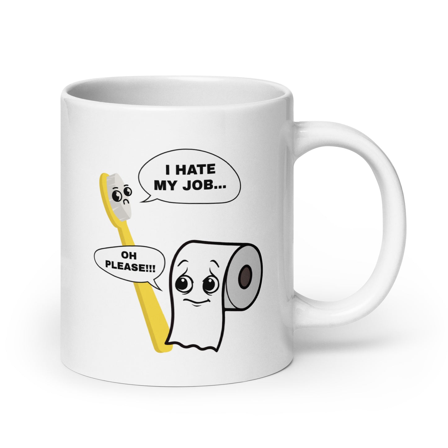 Hauska kahvimuki lahjaksi, jossa on puhumassa hammasharja ja wc-paperi, humoristinen teksti