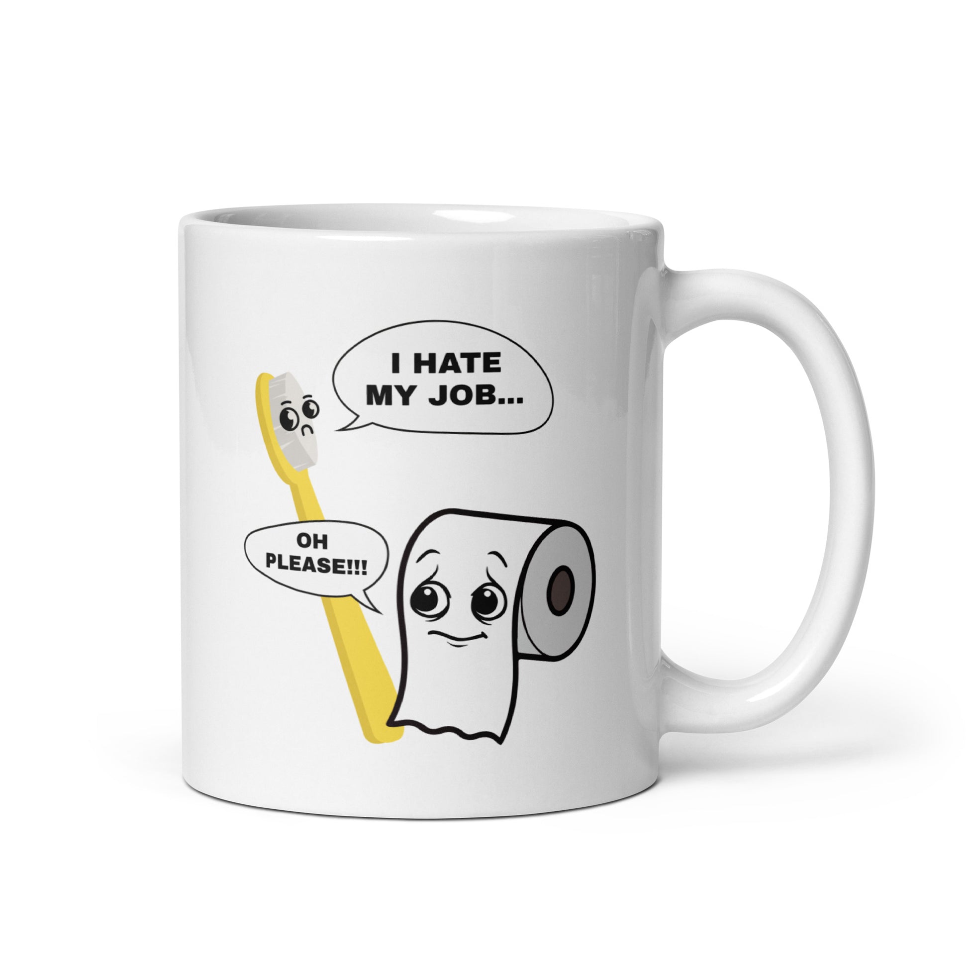 Hauska kahvimuki lahjaksi, jossa on humoristinen kuvitus vessapaperista ja hammasharjasta