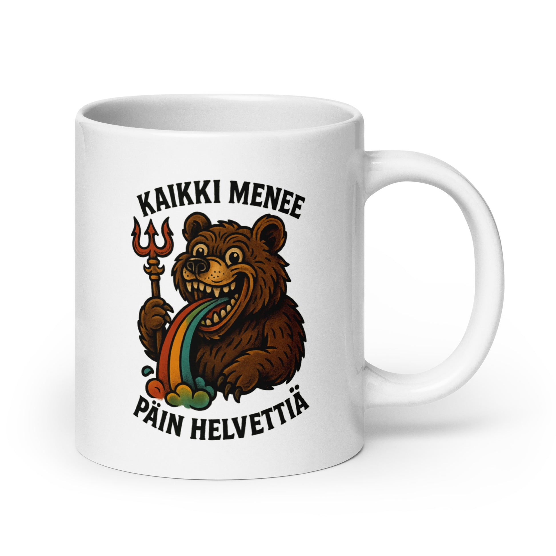 Hauska kahvimuki lahjaksi, jossa karhu pitää puhdasta väriä ja leikkisää tekstiä.