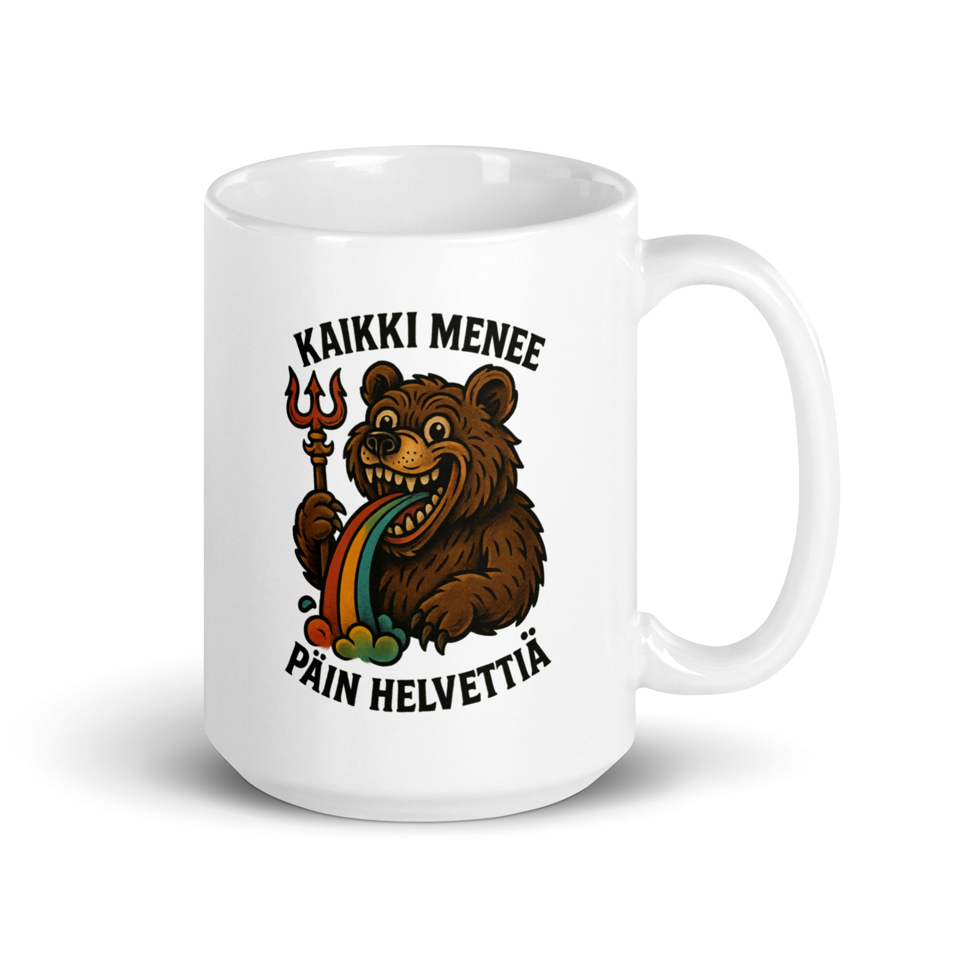 Hauska kahvimuki lahjaksi, jossa karhu nauraa ja värjää veden kauniisti