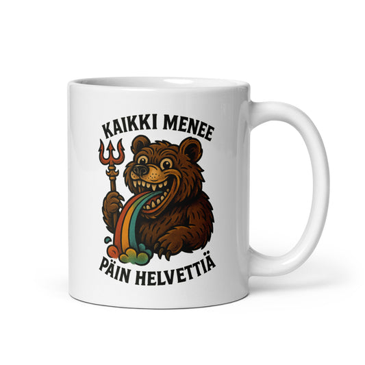 Hauska kahvimuki lahjaksi, jossa karhu nauraa ja oksentaa värikkäitä palloja