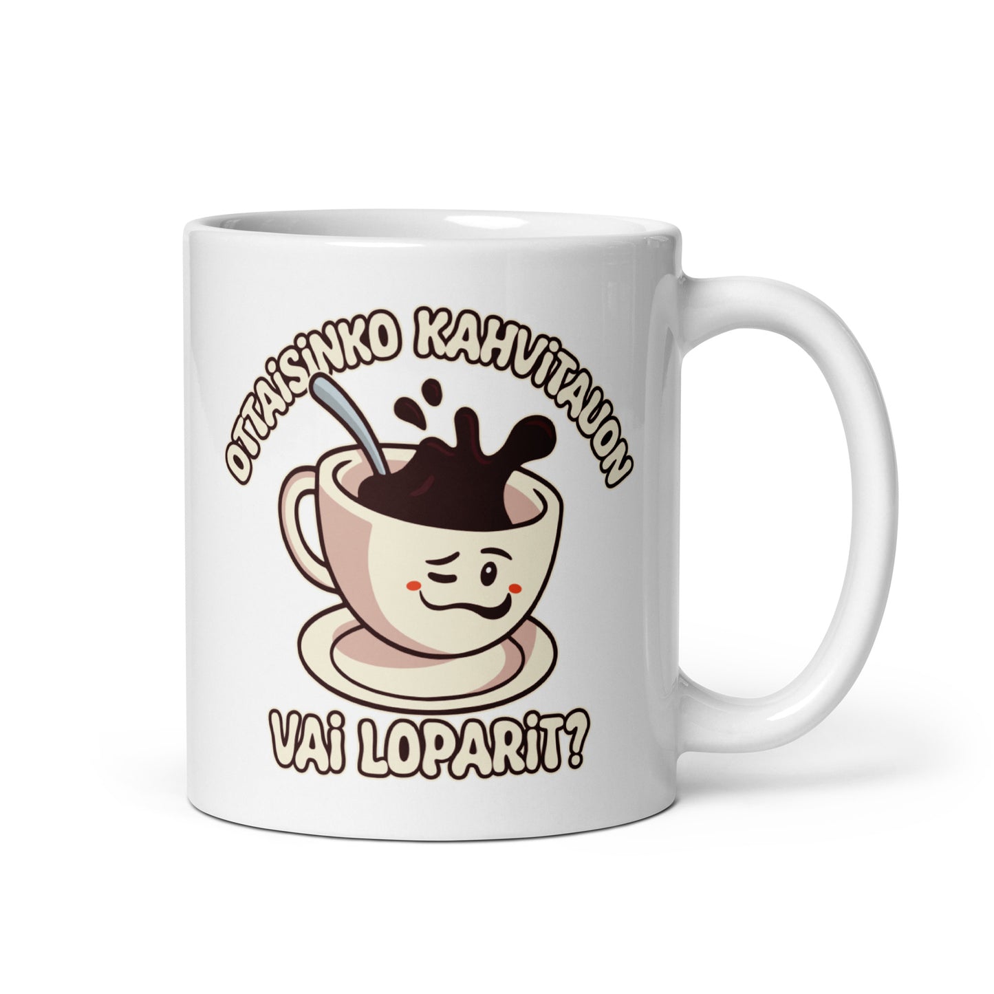 Hauska kahvimuki lahjaksi, jossa söpö kuppi ja kysymys kahvin lopettamisesta