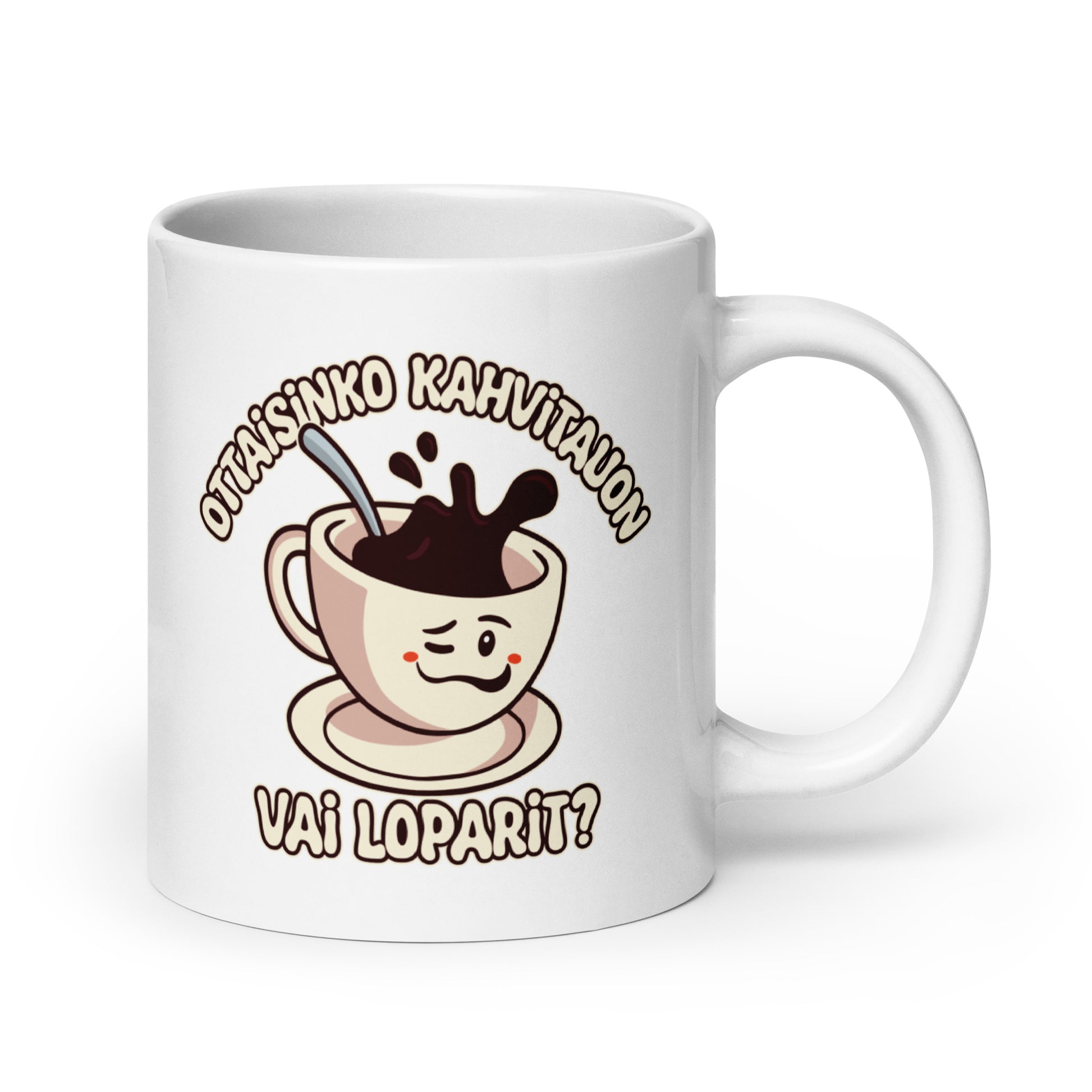 Hauska kahvimuki lahjaksi, jossa piirretty kahvikuppi ja teksti otatko kahvikuppiin vai loparit