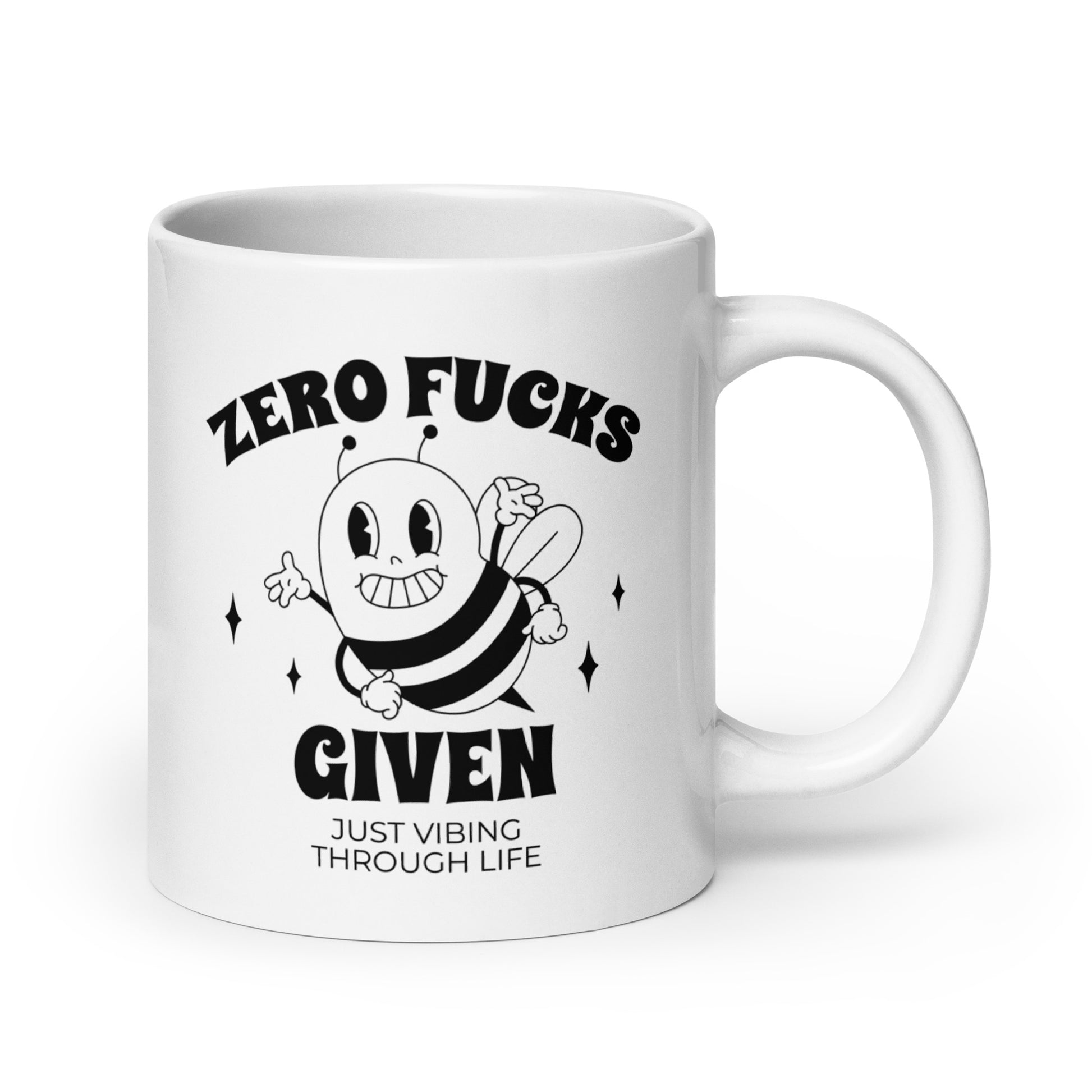 Hauska kahvimuki, jossa on iloinen mehiläinen ja teksti Zero Fucks Given