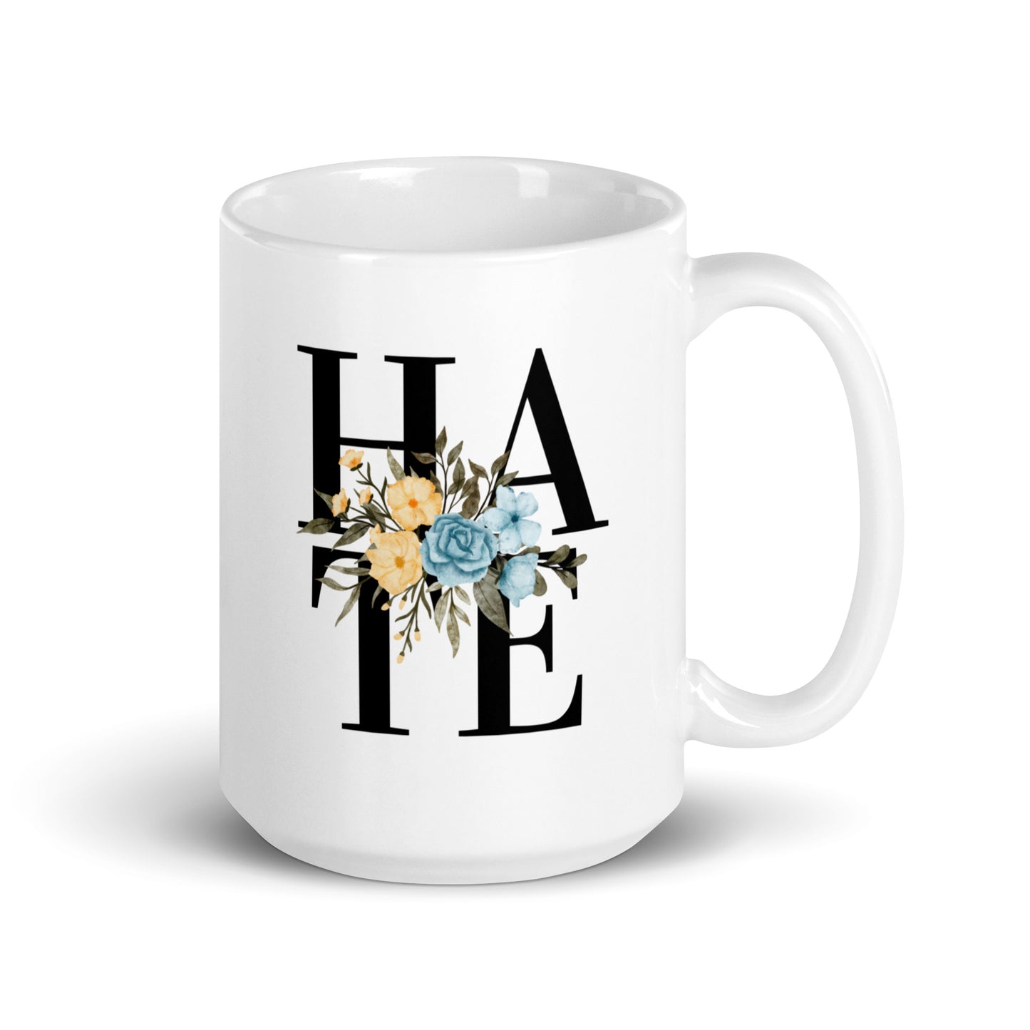 Hauska muki kukkakuviolla, jossa on sanat HATE ja värikkäitä kukkia