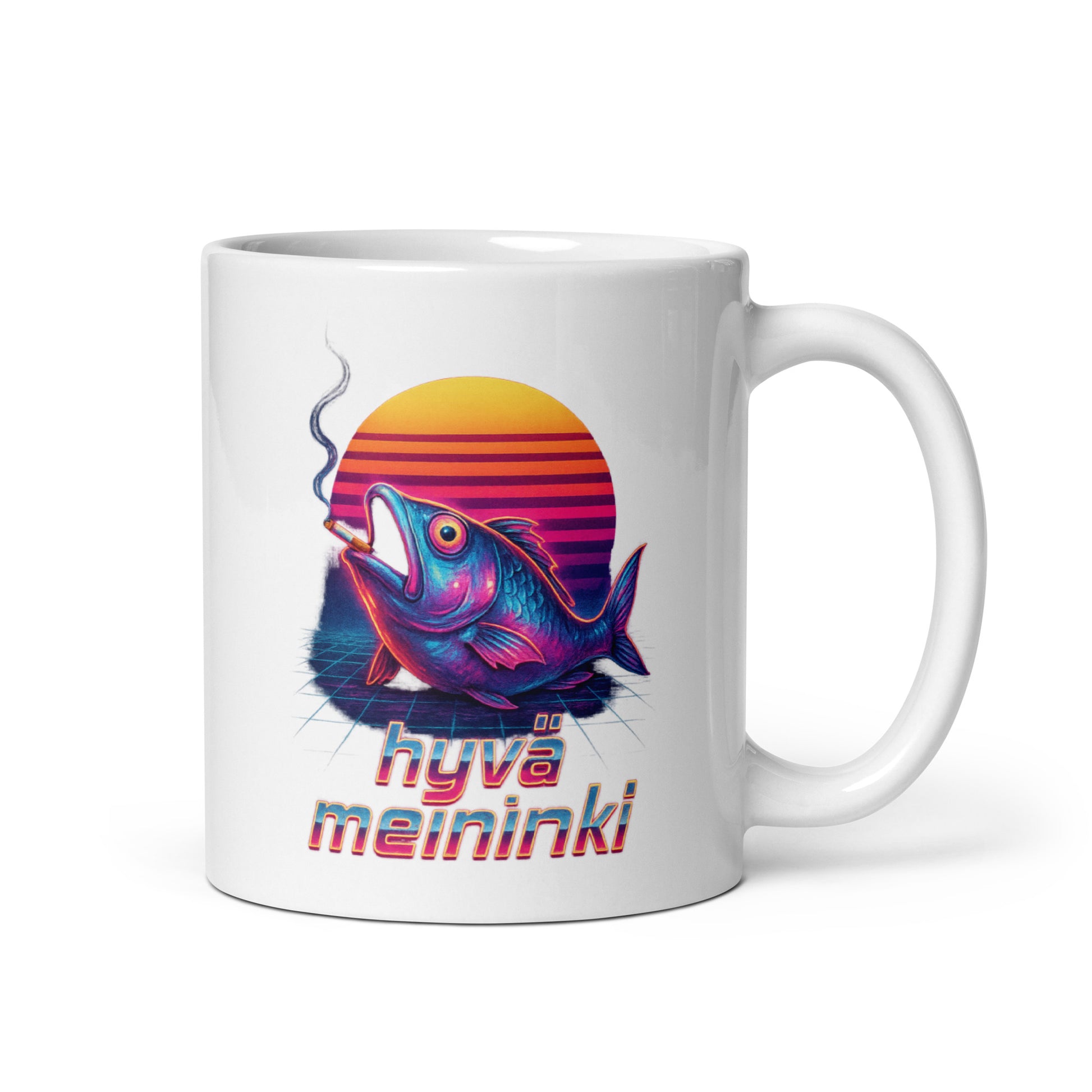 Hauska muki värikkäällä kalakuviolla ja tekstillä hyviä meininki