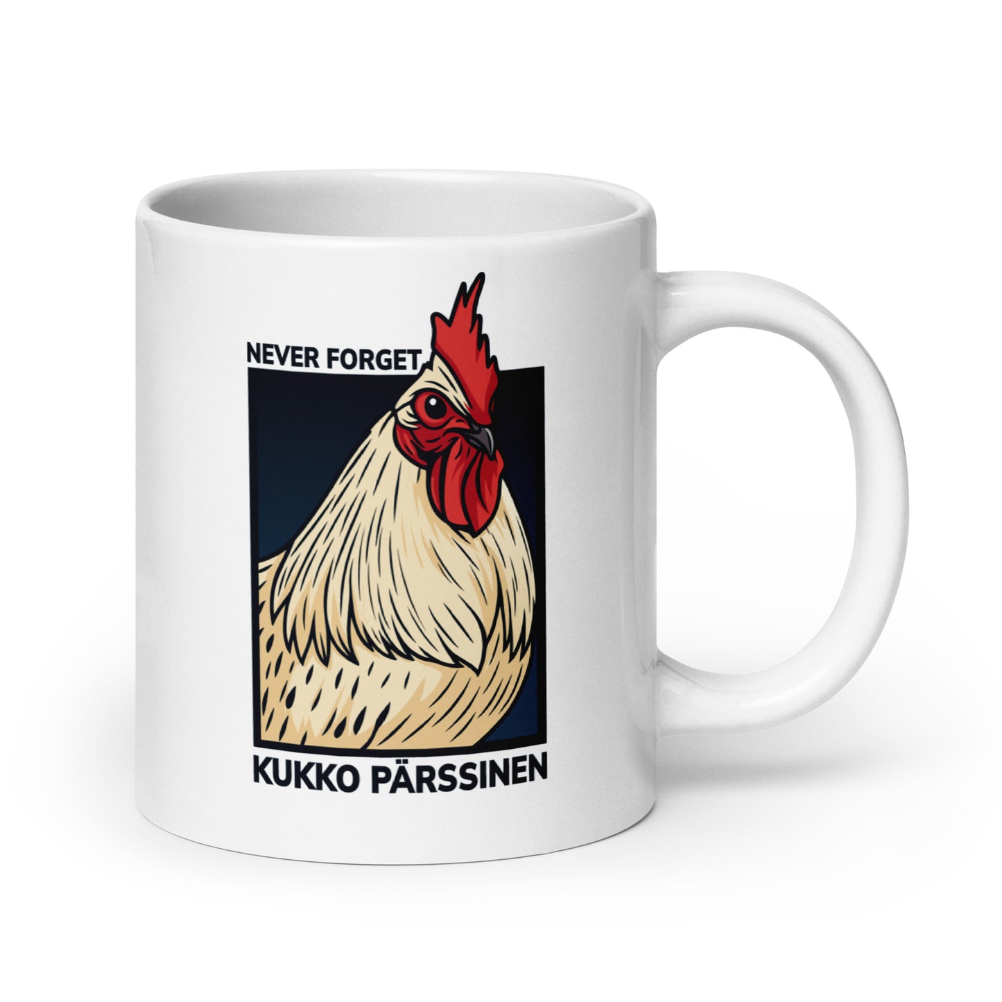 Hauska muki, jossa on kukko ja sanat Never Forget Kukko Pärssinen
