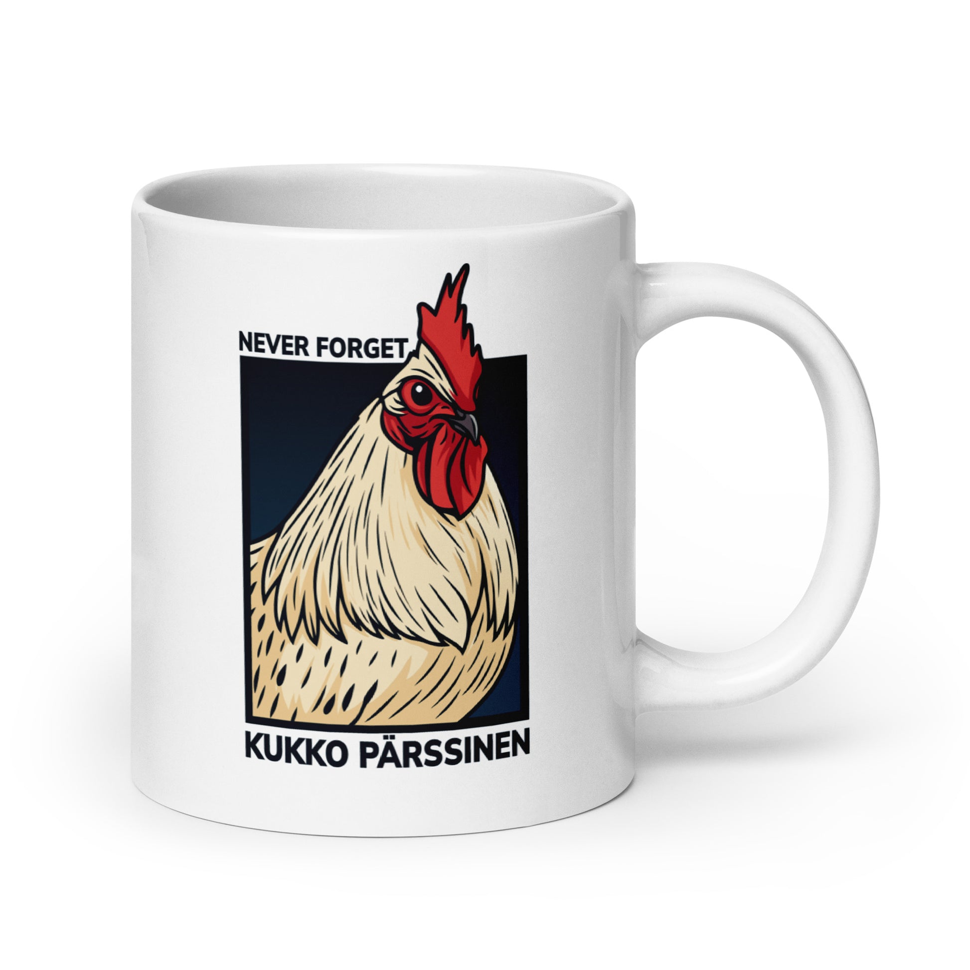 Hauska muki, jossa on kukko ja sanat Never Forget Kukko Pärssinen