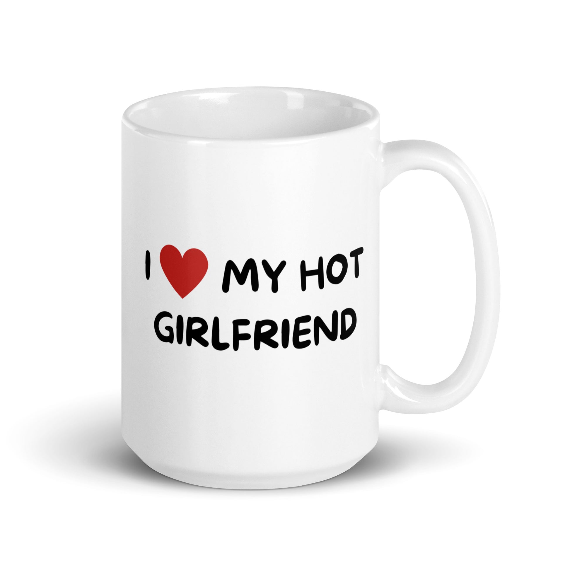 Hauska muki lahjaksi, valkoinen muki tekstillä 'I love my hot girlfriend' Meemirotta