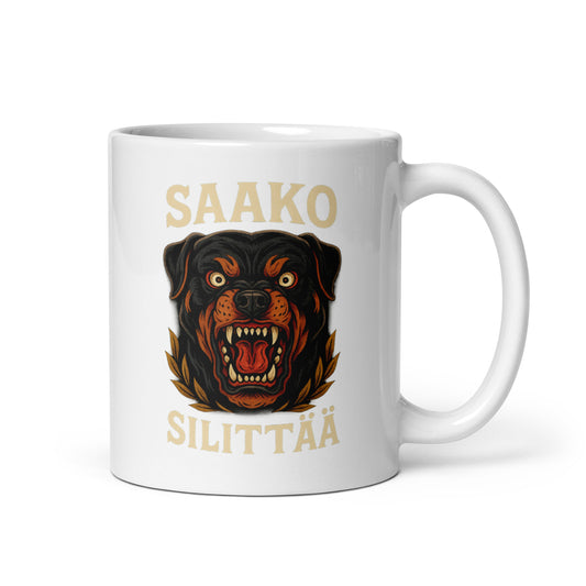 Hauska muki lahjaksi, jossa pelottava rottweiler-kettä kuvataan ja teksti "Saako silittää".
