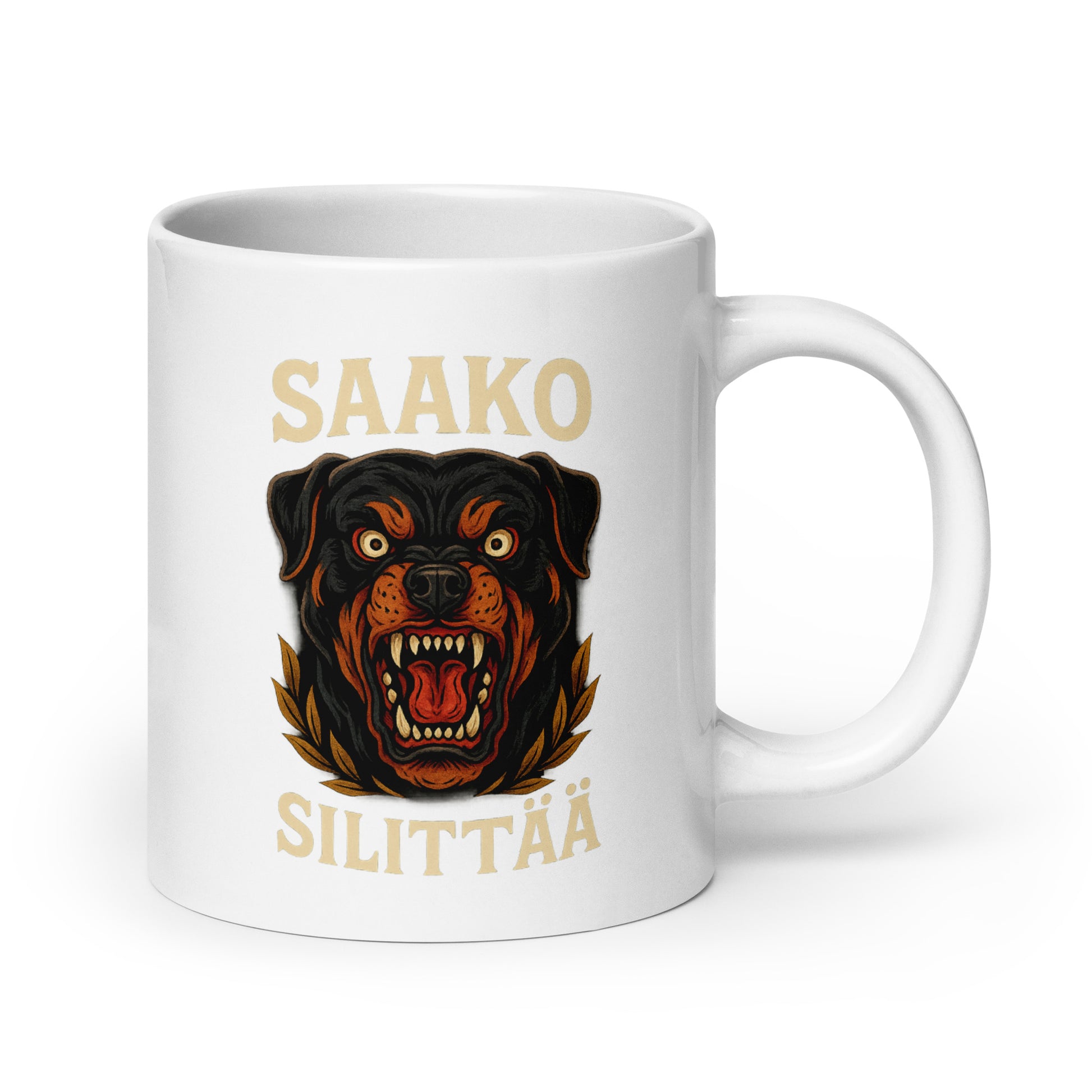 Hauska muki lahjaksi, jossa on pelottava rottweilerin pää ja teksti Saako Silittää